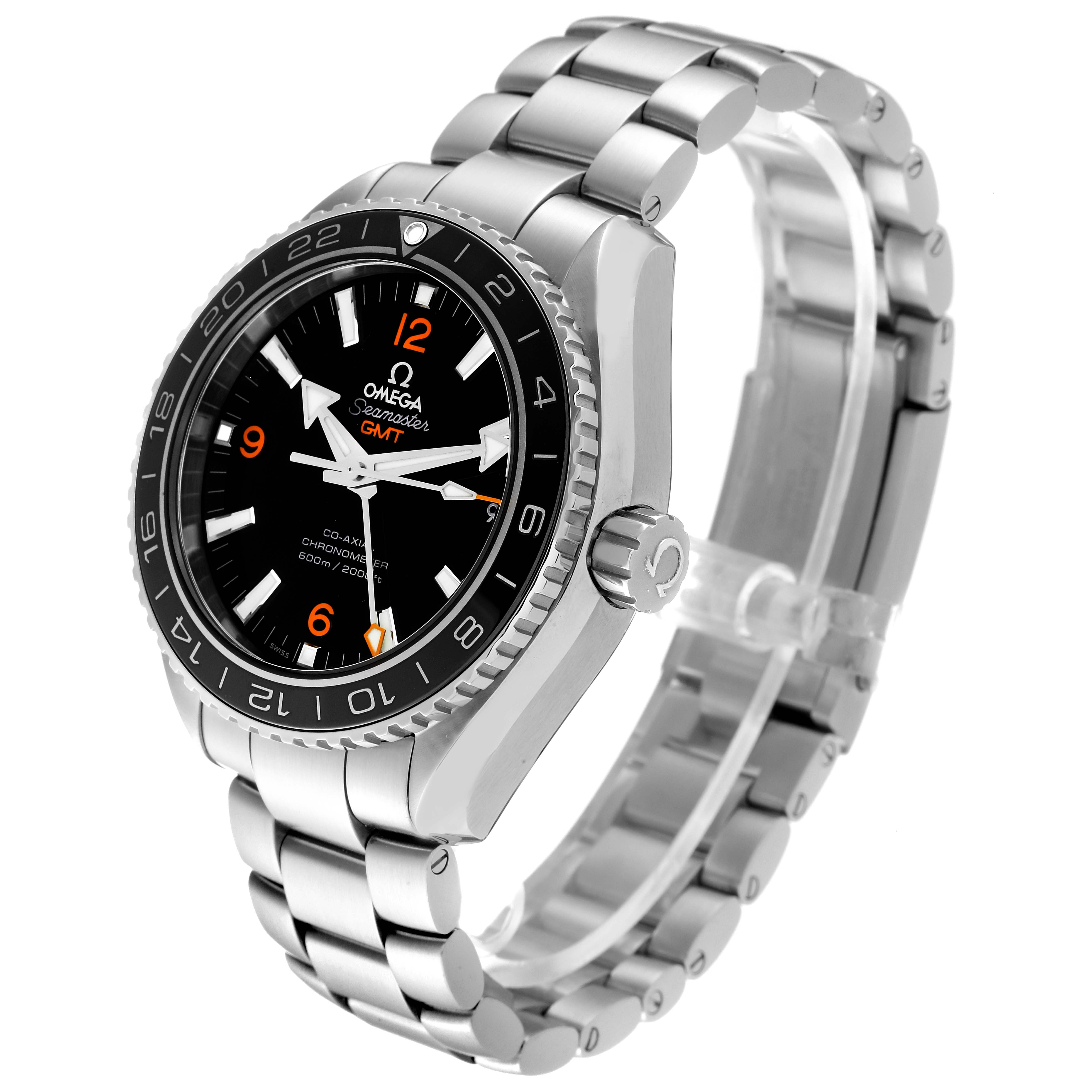 This Omega Planet Ocean 232.30.44.22.01.002 Men's Stainless Steel Black Dial 232.30.44.22.01.002 Men's Stainless Steel Black Dial watch is shown at a three-quarter angle, highlighting the bezel, dial, crown, and bracelet.