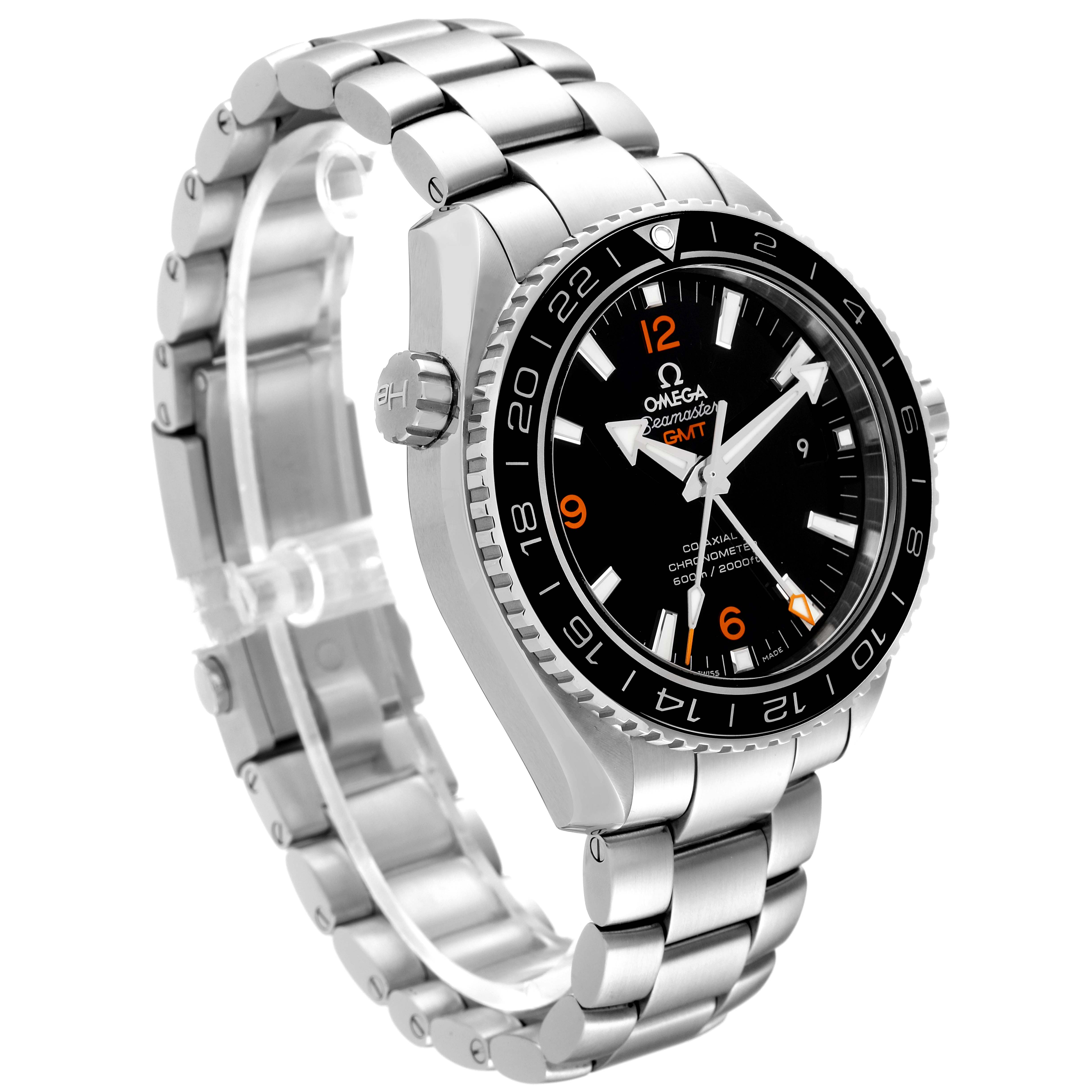 The image displays the Omega Planet Ocean 232.30.44.22.01.002 Men's Stainless Steel Black Dial 232.30.44.22.01.002 Men's Stainless Steel Black Dial watch at an angled view, highlighting its dial, bezel, and stainless steel bracelet.