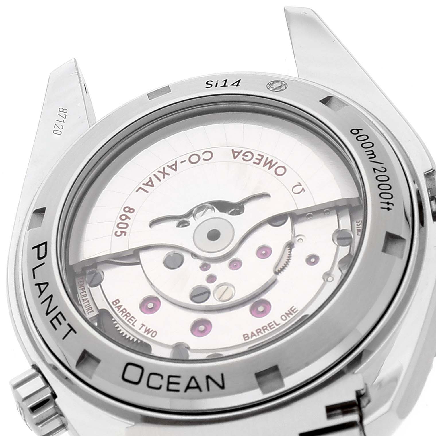 This is a close-up view of the Omega Planet Ocean 232.30.44.22.01.002 Men's Stainless Steel Black Dial 232.30.44.22.01.002 Men's Stainless Steel Black Dial watch's back, showing the movement and inner mechanisms.