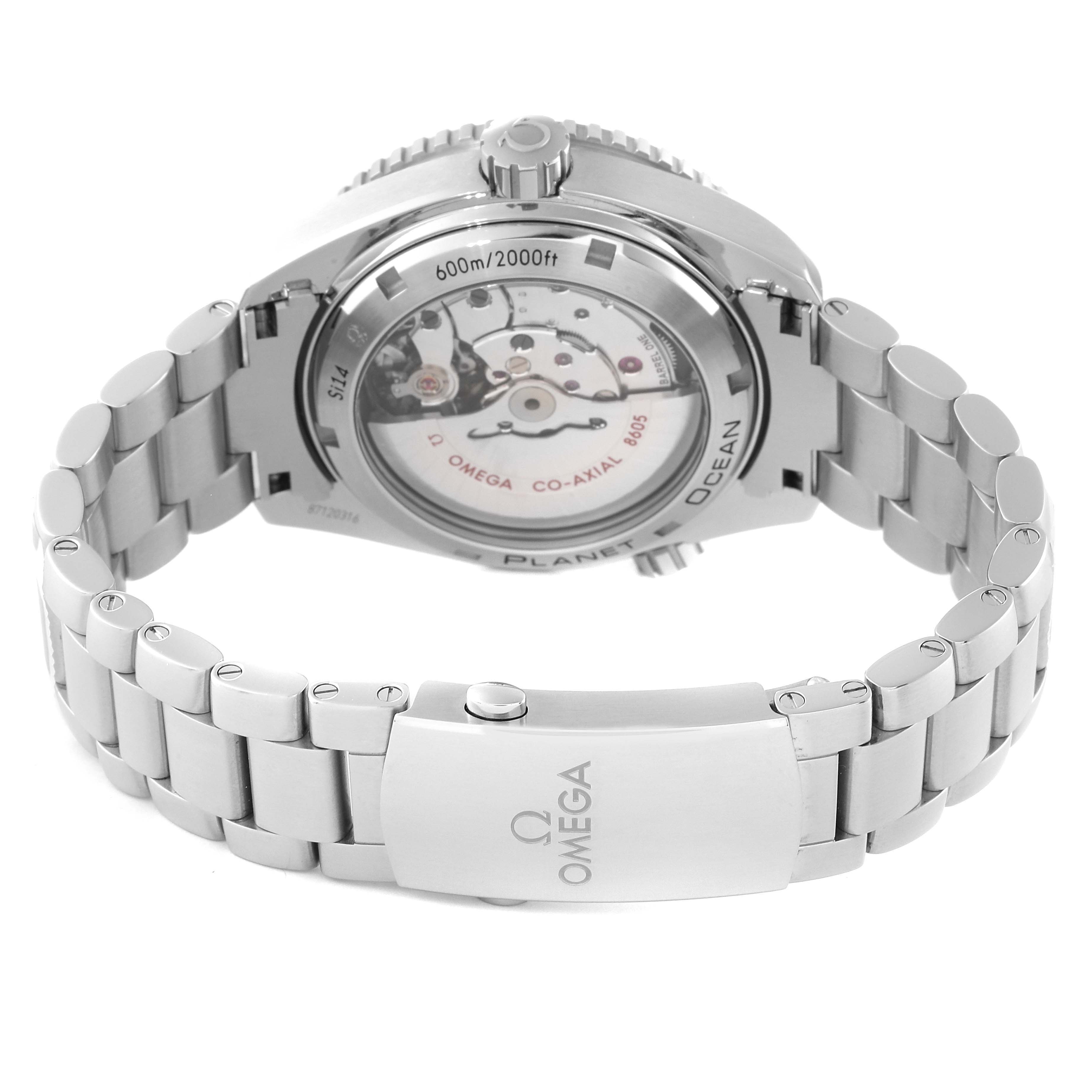 The image shows the back view of an Omega Planet Ocean 232.30.44.22.01.002 Men's Stainless Steel Black Dial 232.30.44.22.01.002 Men's Stainless Steel Black Dial watch, highlighting the case back and bracelet clasp.