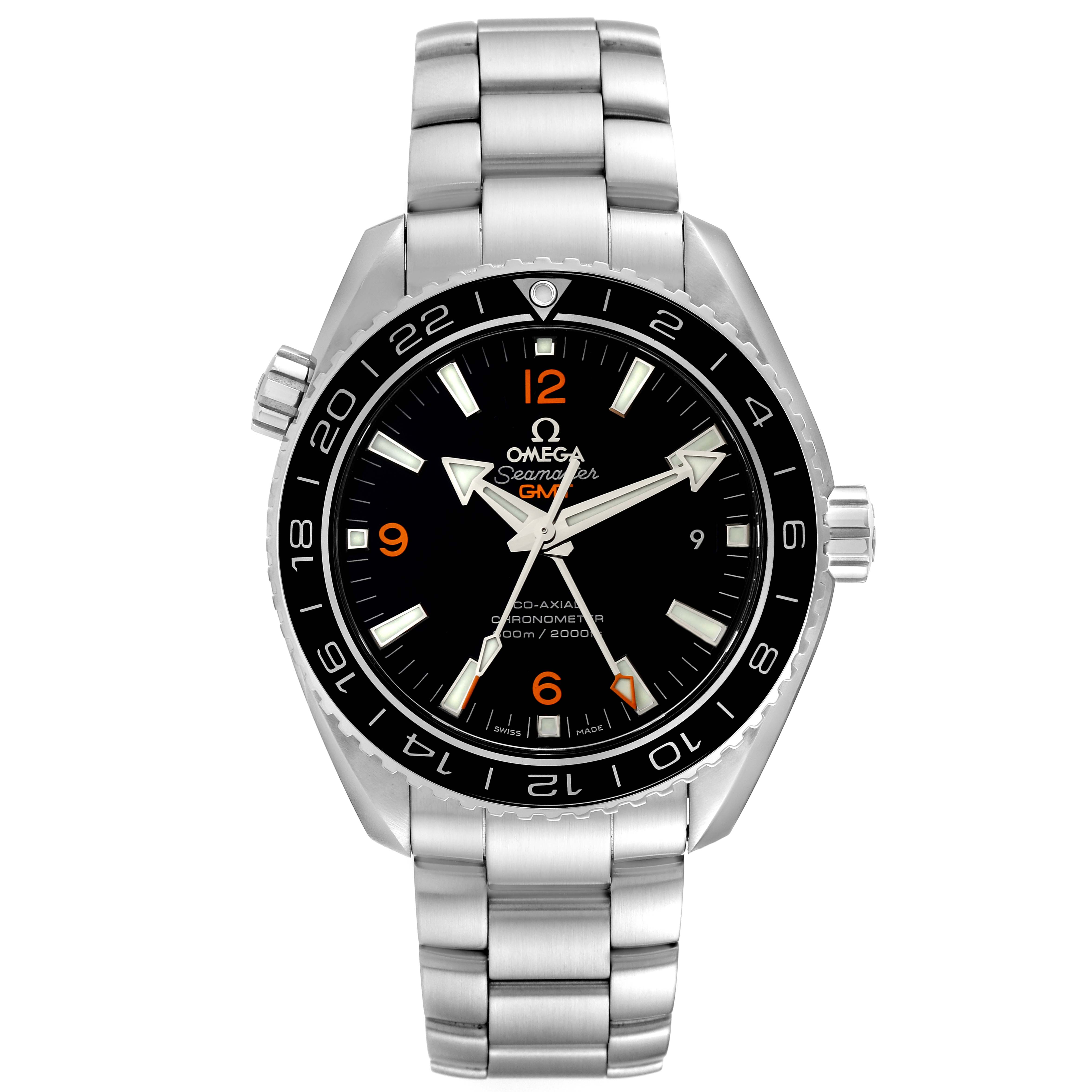 The Omega Planet Ocean 232.30.44.22.01.002 Men's Stainless Steel Black Dial 232.30.44.22.01.002 Men's Stainless Steel Black Dial watch is shown from a straight-on angle, highlighting the face, bezel, crown, and bracelet.