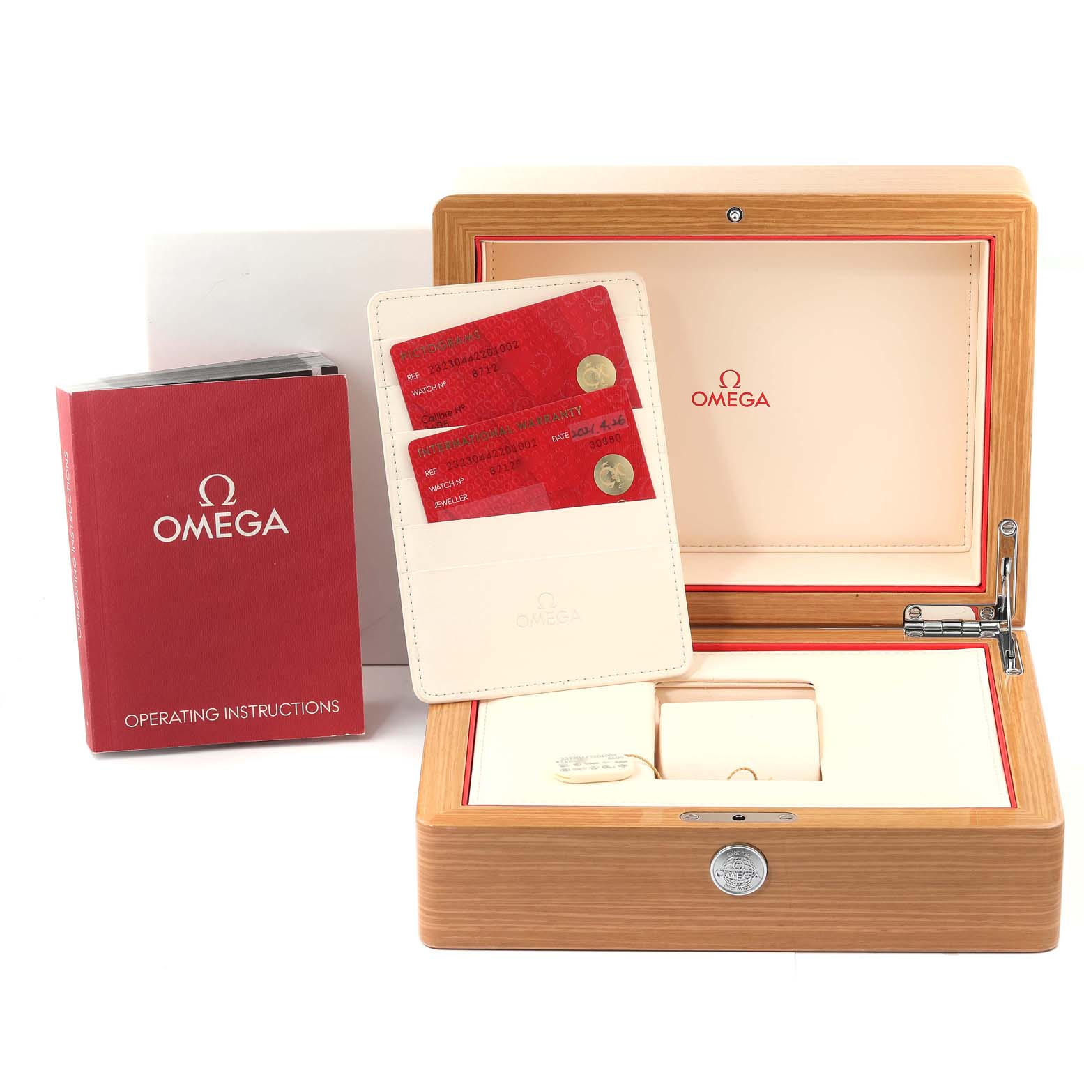 The image shows an Omega Planet Ocean 232.30.44.22.01.002 Men's Stainless Steel Black Dial 232.30.44.22.01.002 Men's Stainless Steel Black Dial watch box, operating instructions, and warranty cards in a cardholder.