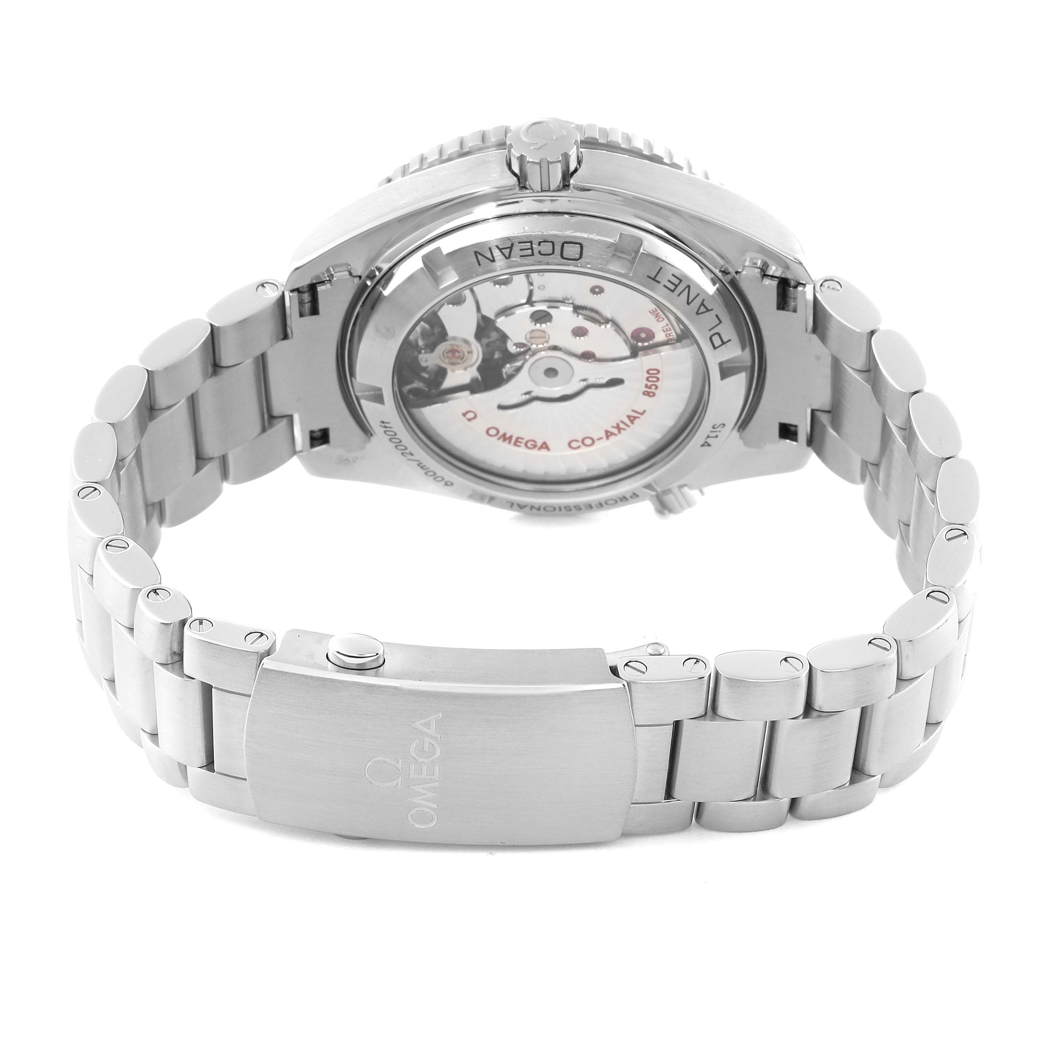 The image shows the back view of an Omega Planet Ocean 232.30.42.21.01.003 Men
s Stainless Steel Black Dial 232.30.42.21.01.003 Men
s Stainless Steel Black Dial watch, highlighting its case back and stainless steel bracelet.