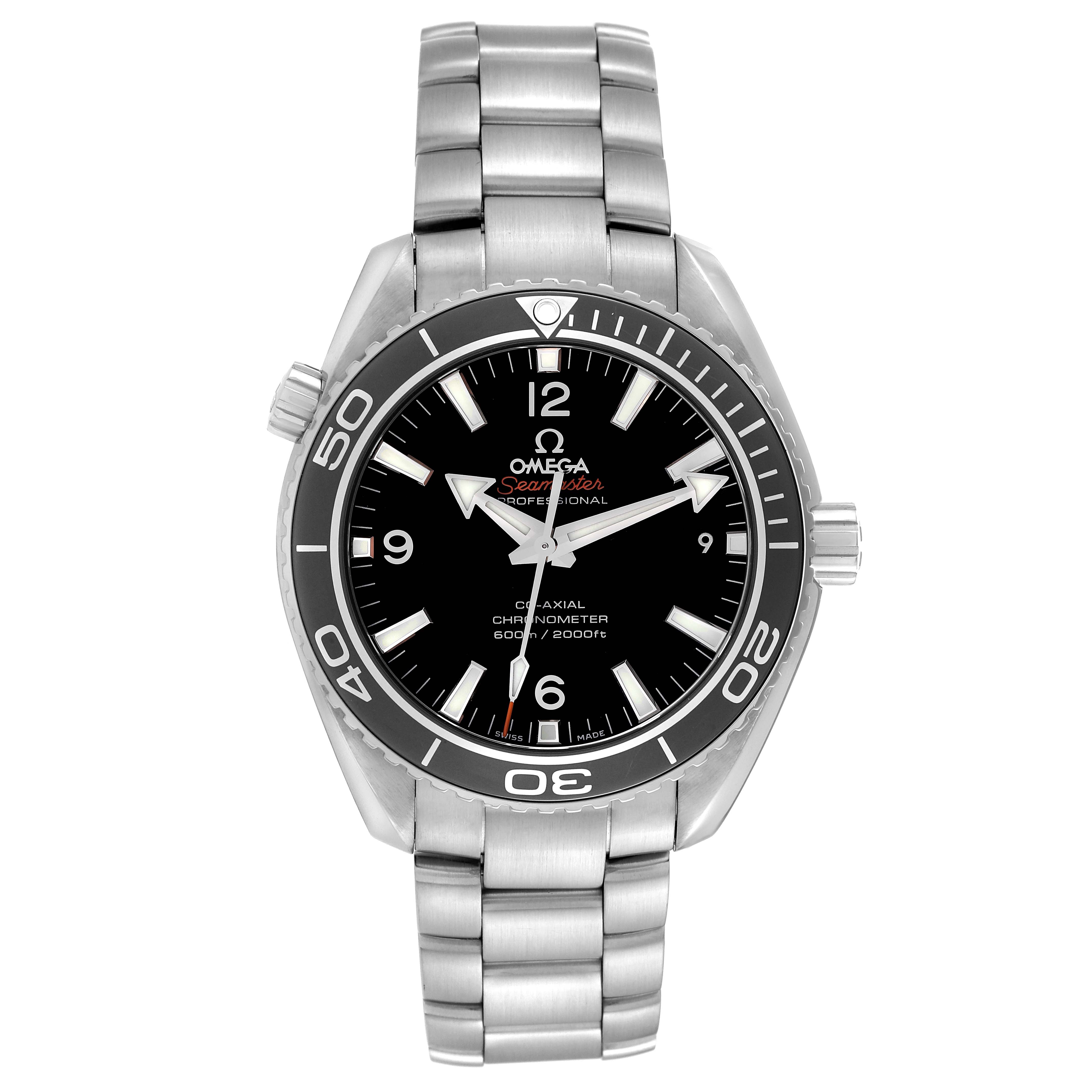 The image shows a front view of the Omega Planet Ocean 232.30.42.21.01.003 Men
s Stainless Steel Black Dial 232.30.42.21.01.003 Men
s Stainless Steel Black Dial watch, highlighting its bezel, dial, and stainless steel bracelet.