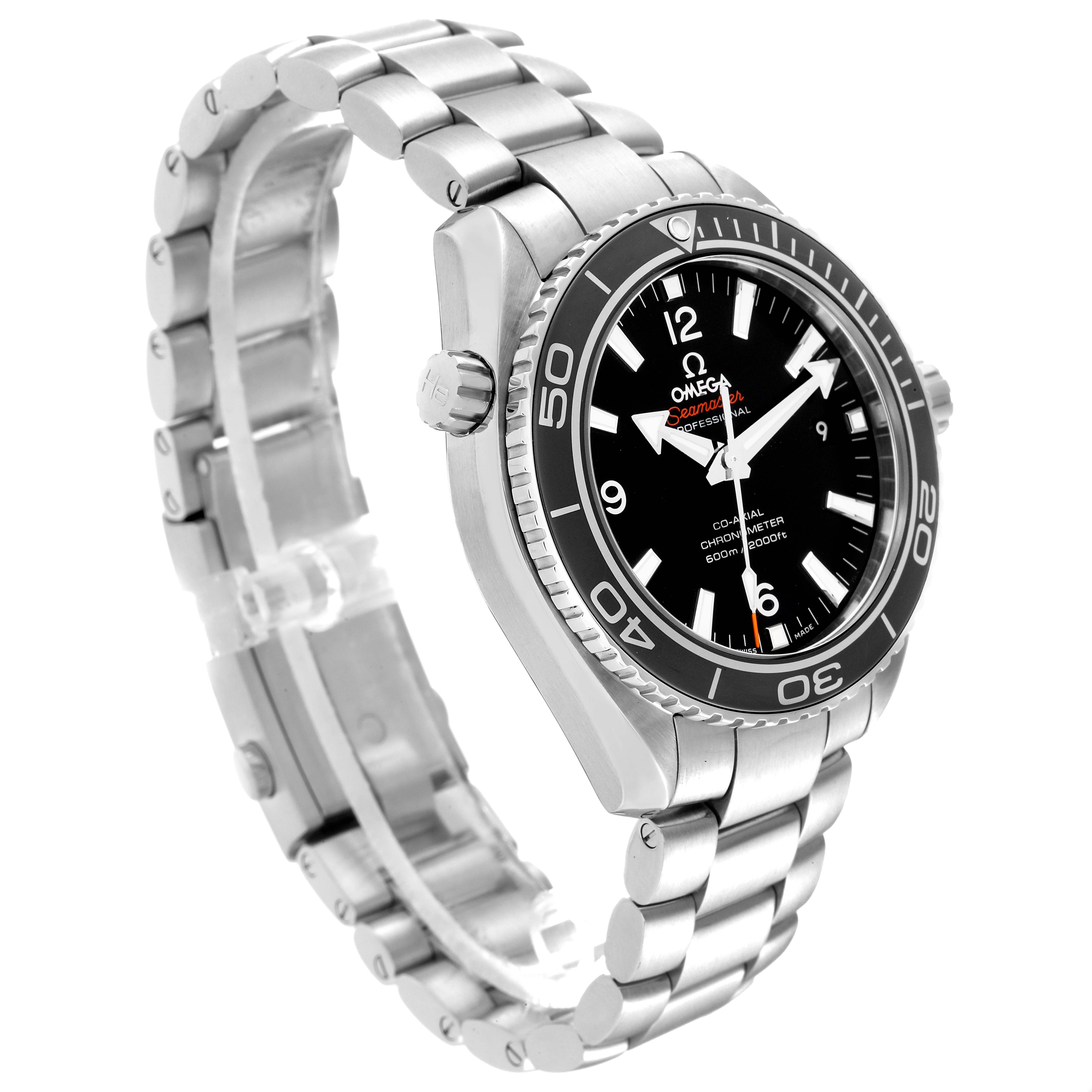 The Omega Planet Ocean 232.30.42.21.01.003 Men
s Stainless Steel Black Dial 232.30.42.21.01.003 Men
s Stainless Steel Black Dial watch is shown at a three-quarter angle highlighting the bracelet, bezel, and dial.