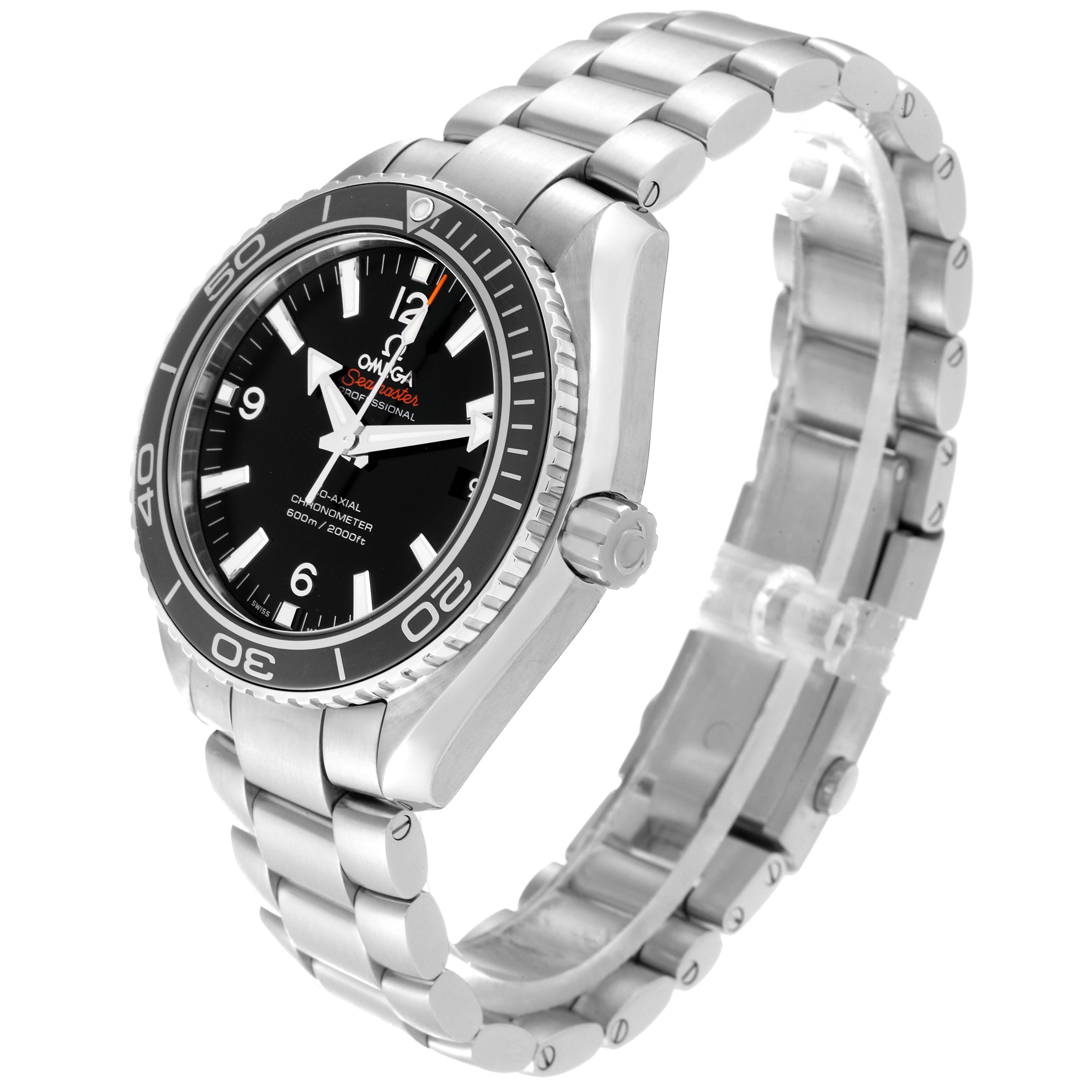 The Omega Planet Ocean 232.30.42.21.01.003 Men
s Stainless Steel Black Dial 232.30.42.21.01.003 Men
s Stainless Steel Black Dial watch is shown at a 45-degree angle, highlighting the face, bezel, crown, and stainless steel bracelet.