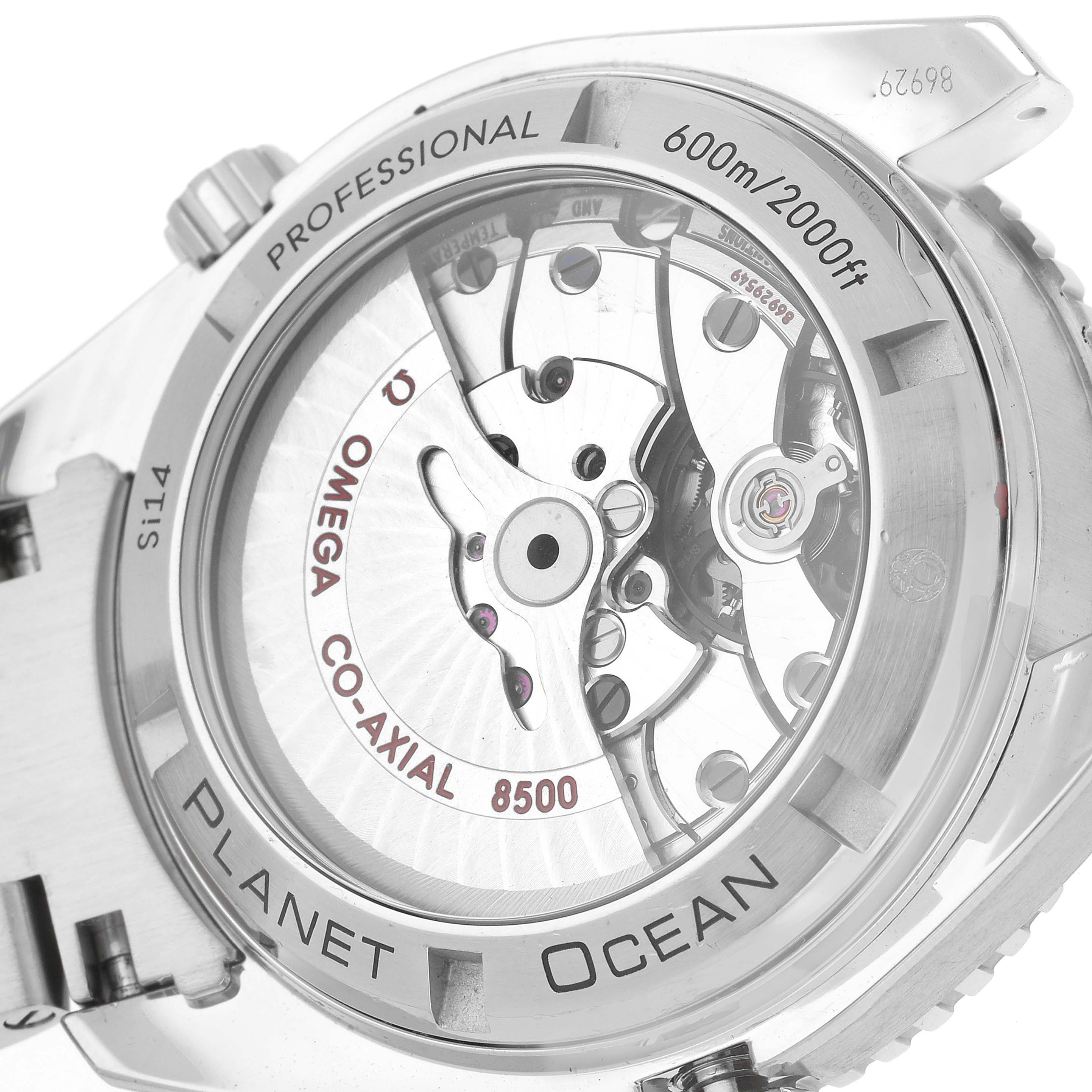 This image shows the back of an Omega Planet Ocean 232.30.42.21.01.003 Men
s Stainless Steel Black Dial 232.30.42.21.01.003 Men
s Stainless Steel Black Dial watch, highlighting its movement and caseback inscriptions.