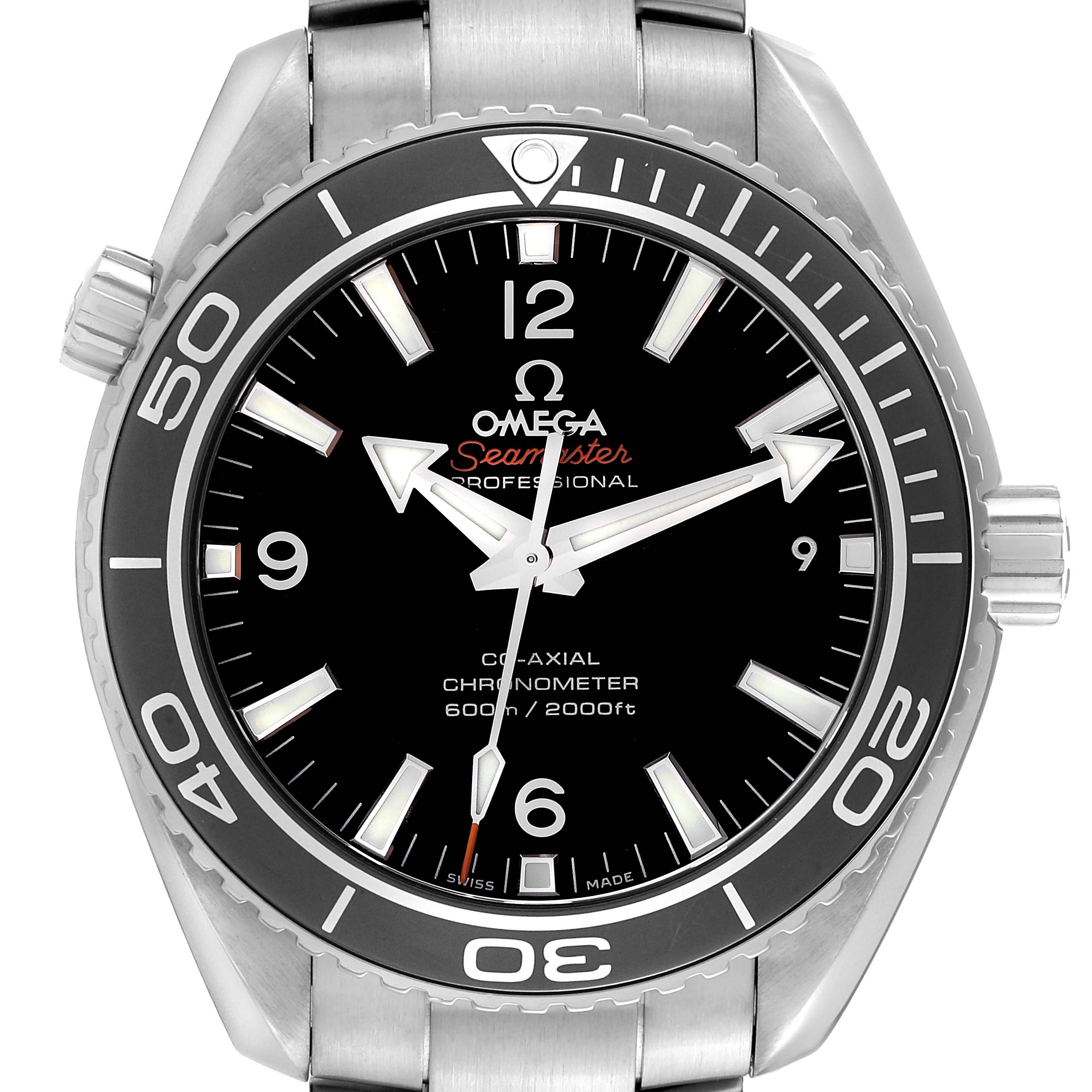 The image shows a front view of the Omega Planet Ocean 232.30.42.21.01.003 Men
s Stainless Steel Black Dial 232.30.42.21.01.003 Men
s Stainless Steel Black Dial watch, highlighting its bezel, crown, and face details.