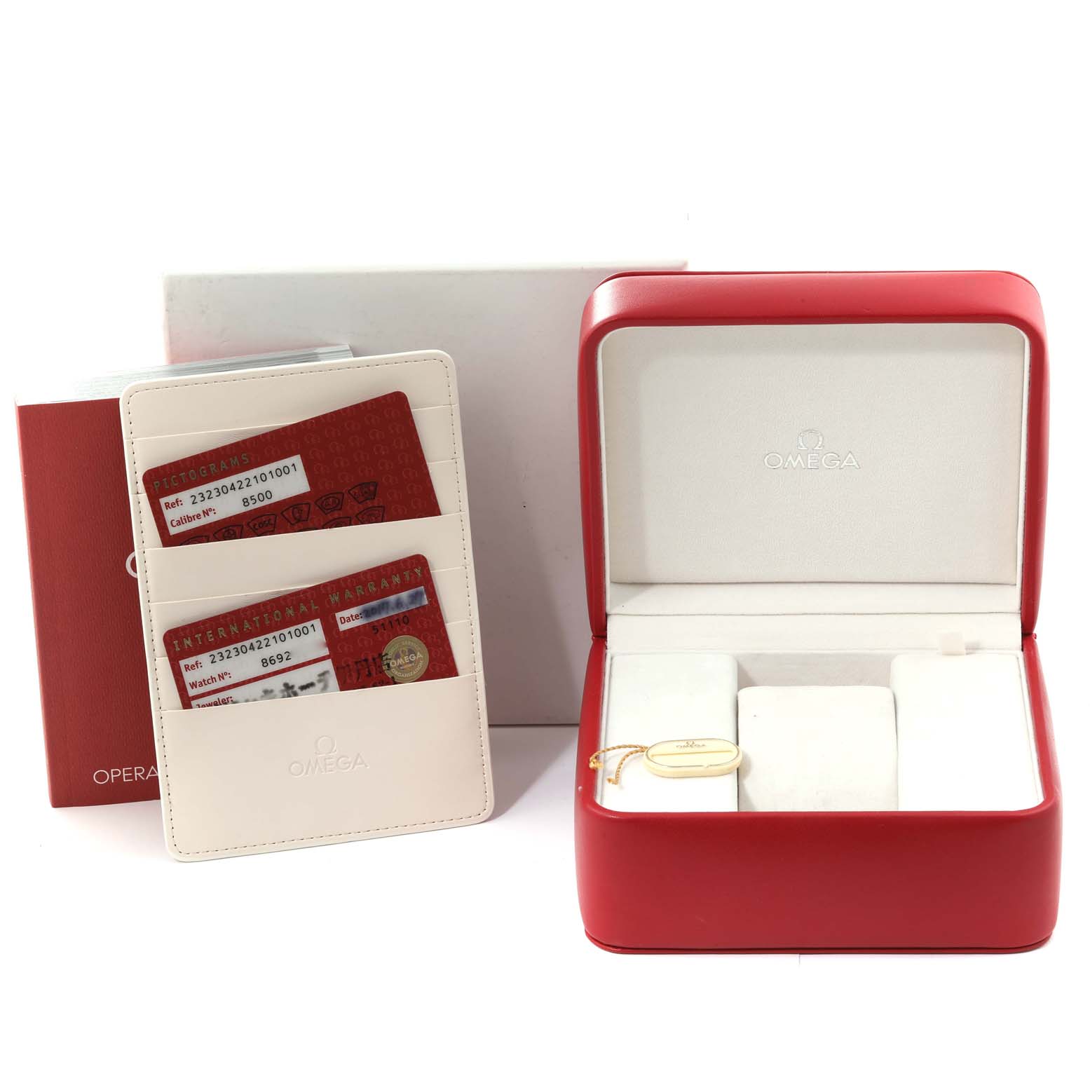 This is an image of the Omega Planet Ocean 232.30.42.21.01.003 Men
s Stainless Steel Black Dial 232.30.42.21.01.003 Men
s Stainless Steel Black Dial watch
s red presentation box, white cardholder with warranty cards, and accompanying accessories.