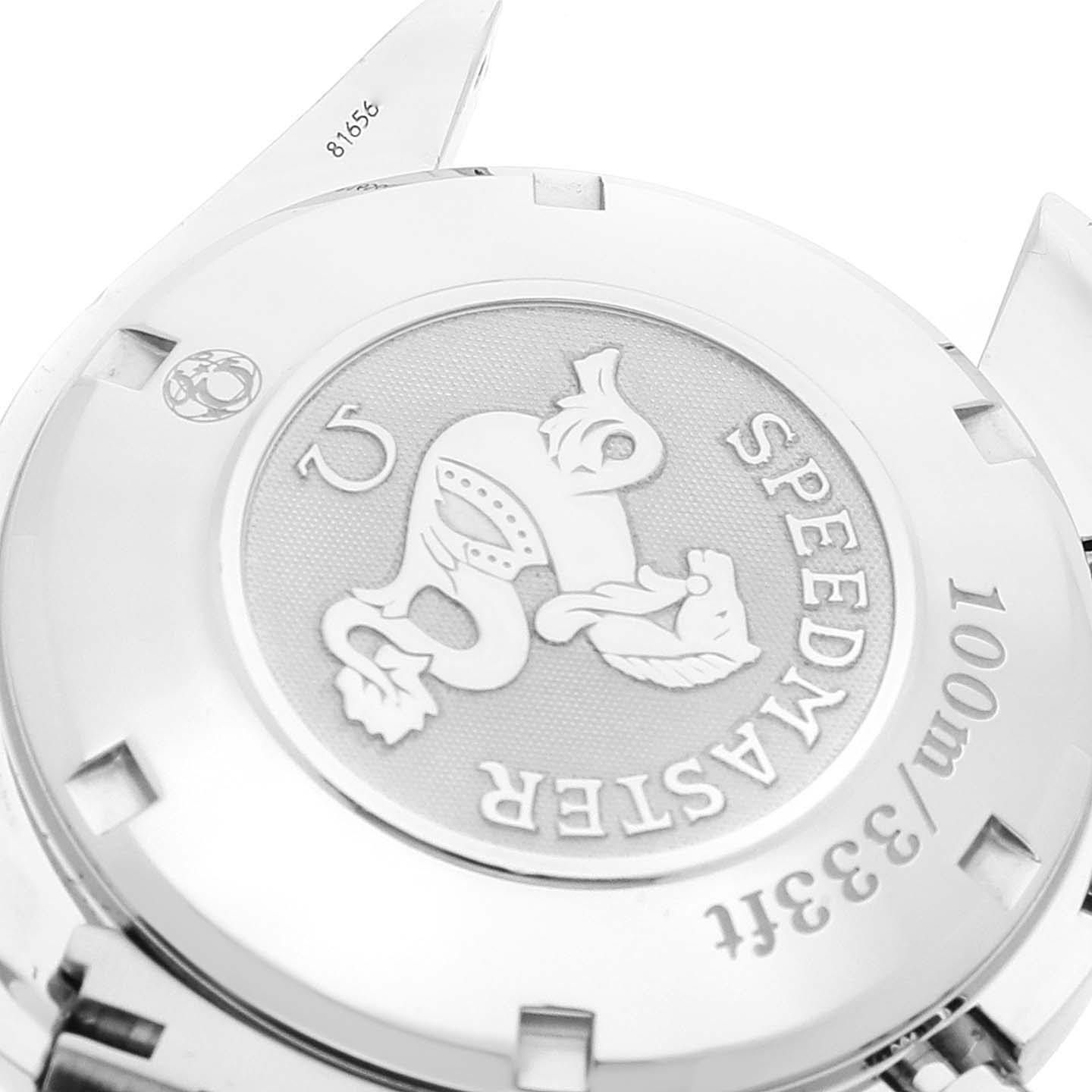 The image shows the case back of an Omega Speedmaster 3210.52.00 Men's Stainless Steel Black Dial 3210.52.00 Men's Stainless Steel Black Dial, featuring its emblem and water resistance details.