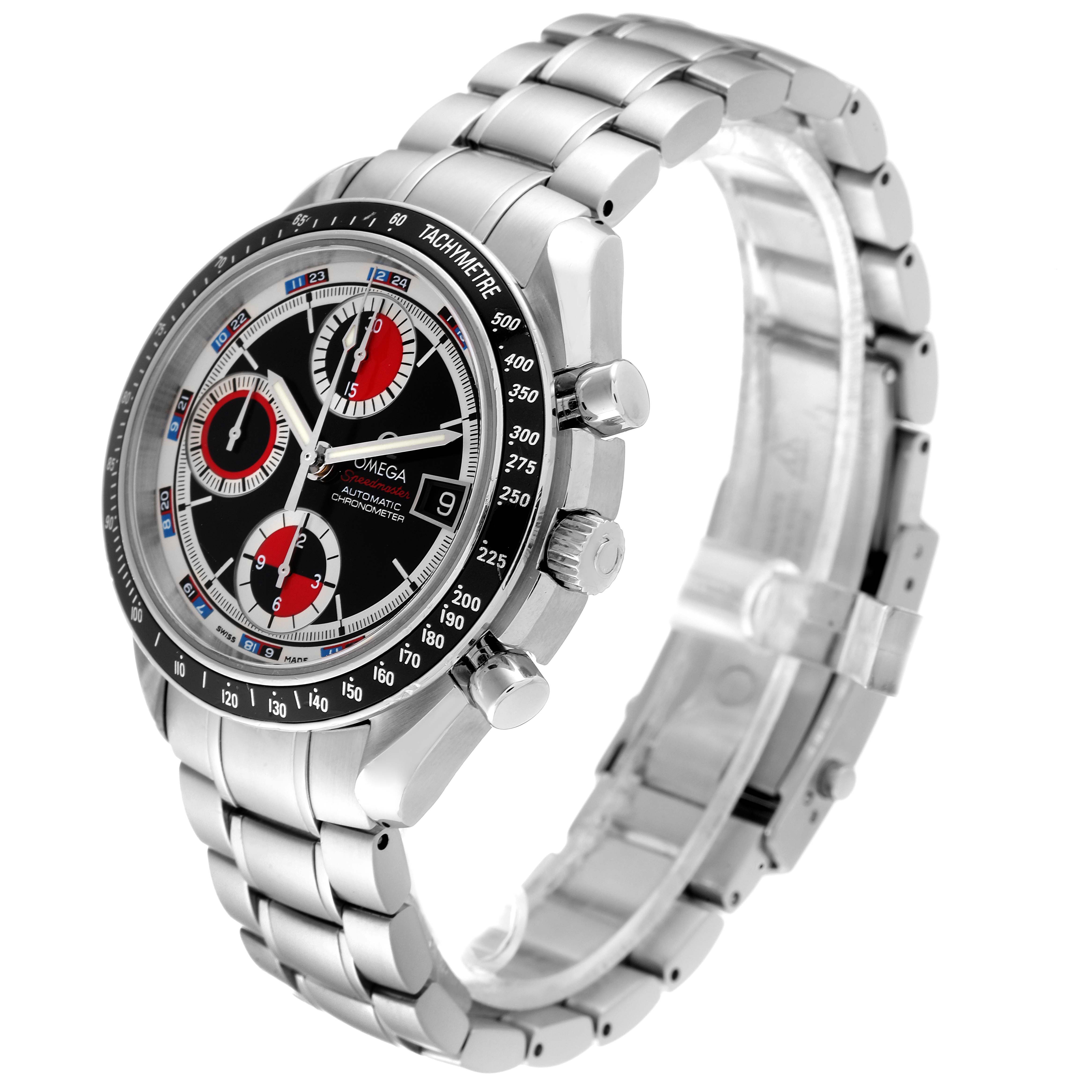 The Omega Speedmaster 3210.52.00 Men's Stainless Steel Black Dial 3210.52.00 Men's Stainless Steel Black Dial watch is shown at a three-quarter angle, highlighting the face, side pushers, and metal bracelet.