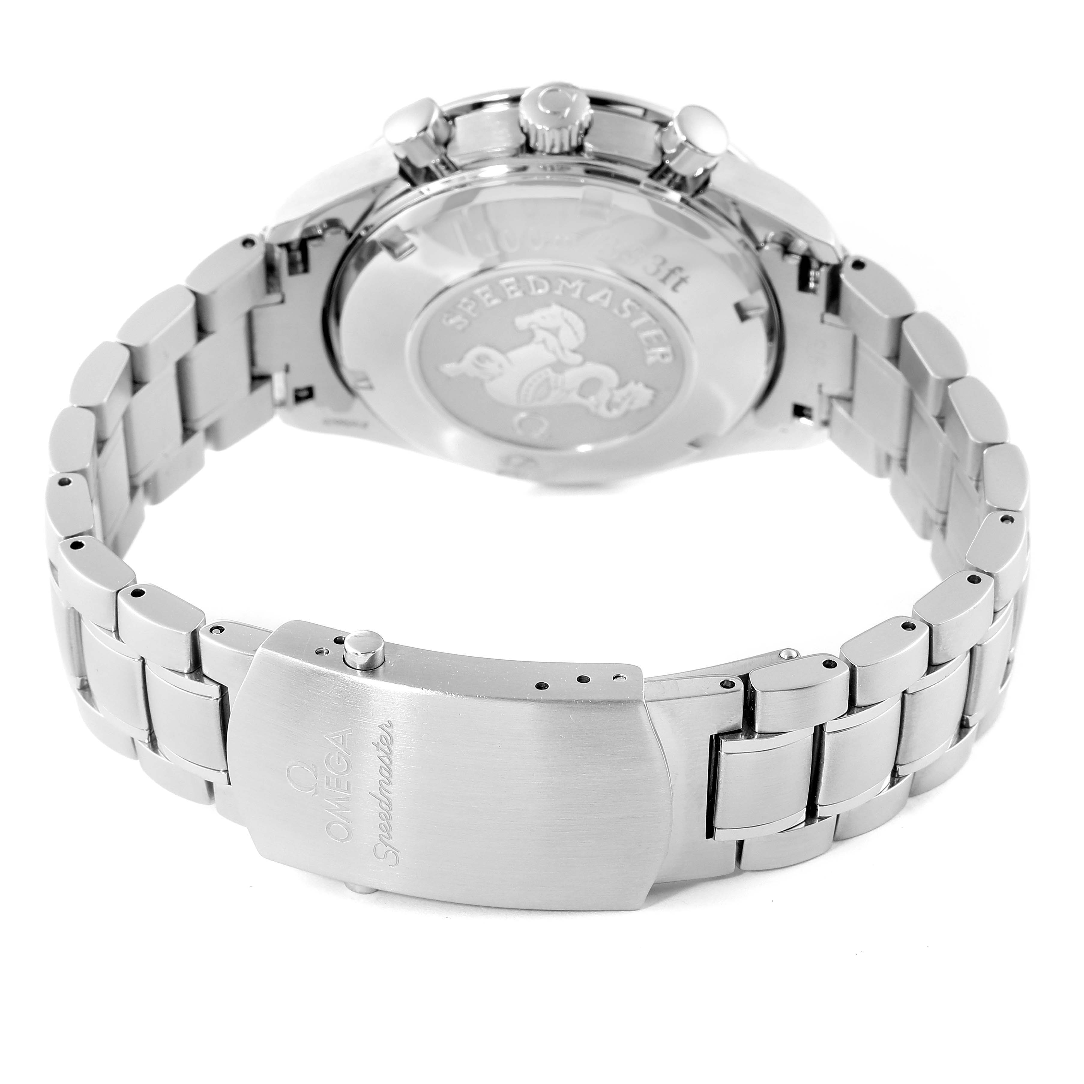 The image shows the back view of an Omega Speedmaster 3210.52.00 Men's Stainless Steel Black Dial 3210.52.00 Men's Stainless Steel Black Dial watch, highlighting the case back and metal bracelet with the clasp visible.