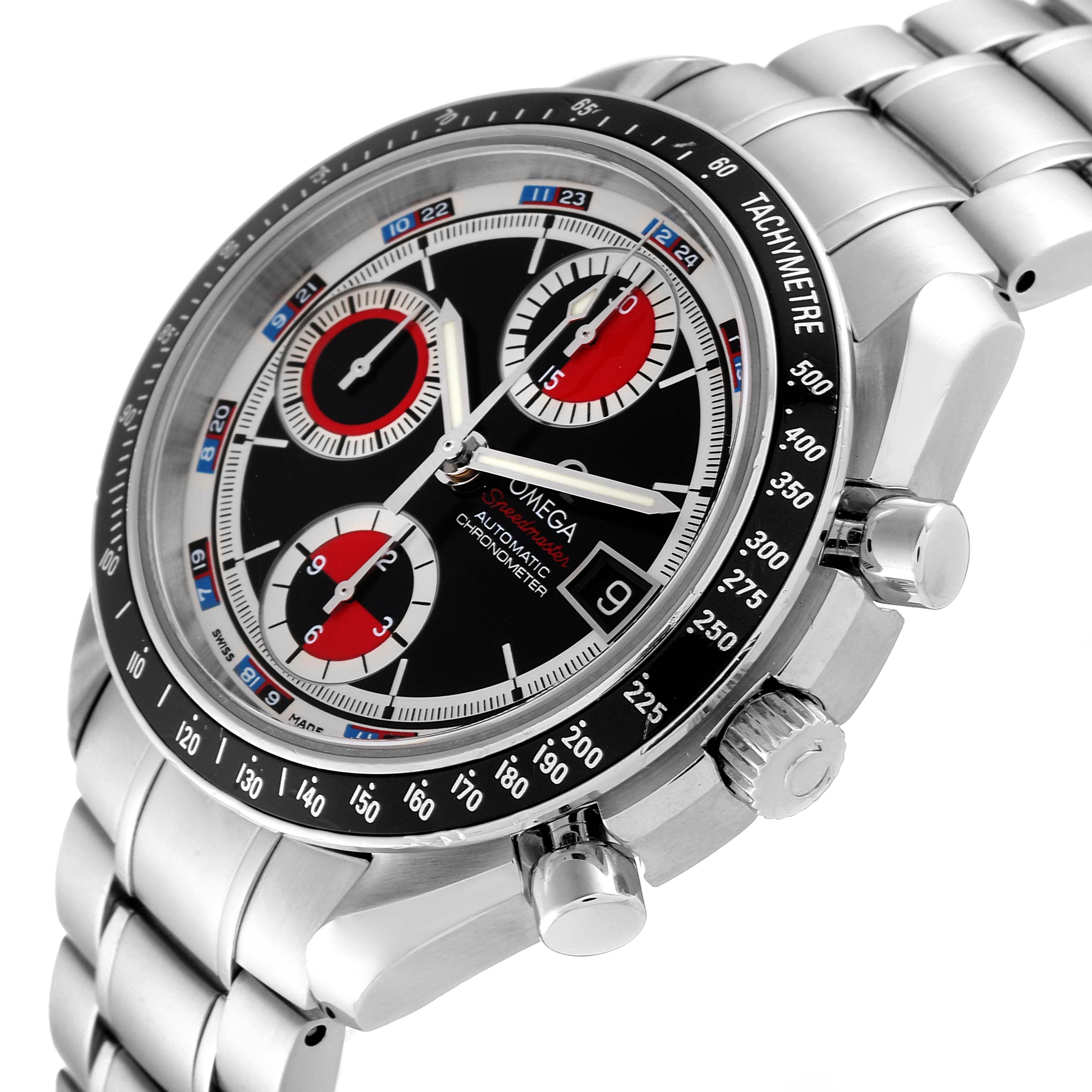 The image shows an angled close-up of the Omega Speedmaster 3210.52.00 Men's Stainless Steel Black Dial 3210.52.00 Men's Stainless Steel Black Dial watch, highlighting its face, sub-dials, tachymeter bezel, and metal bracelet.