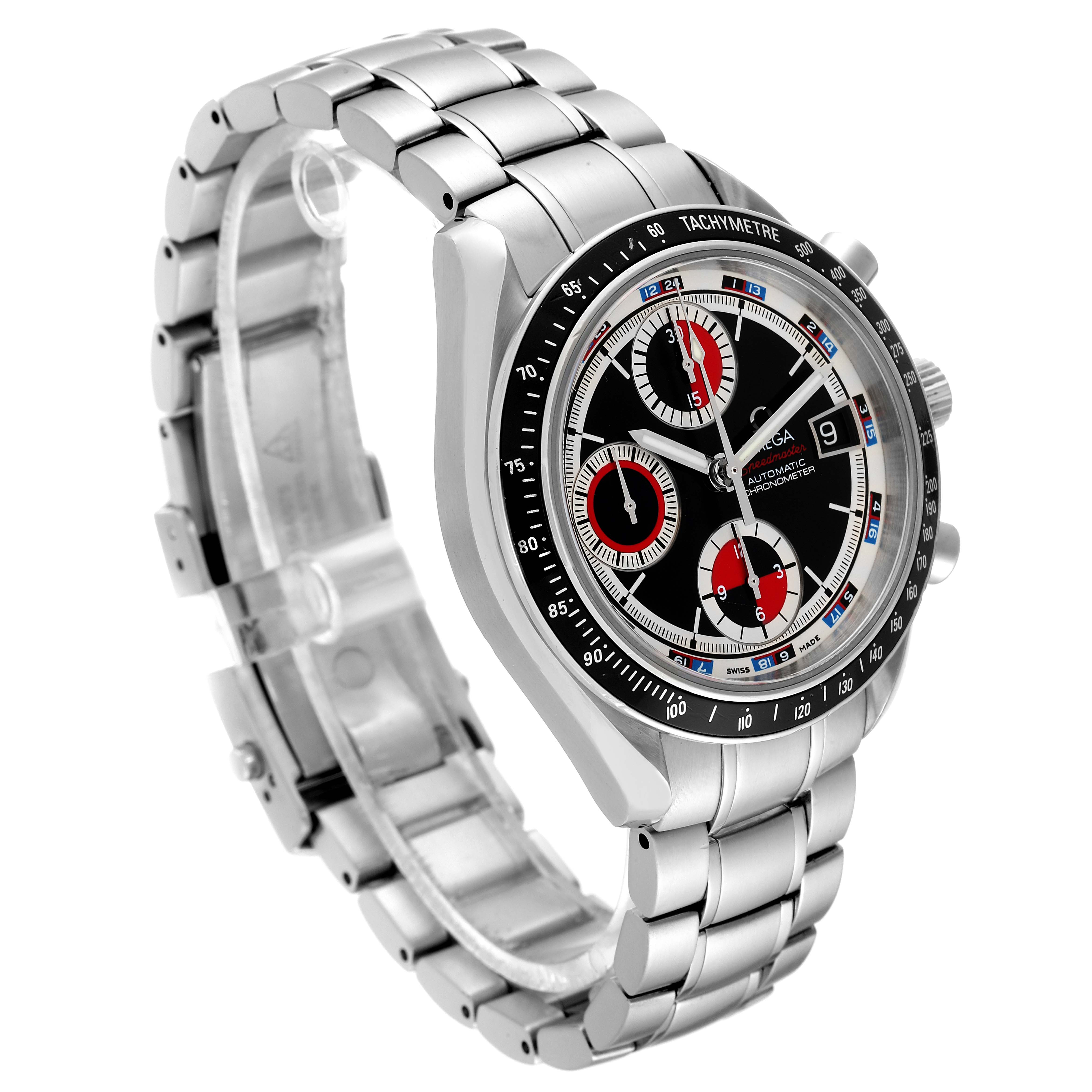 The Omega Speedmaster 3210.52.00 Men's Stainless Steel Black Dial 3210.52.00 Men's Stainless Steel Black Dial watch is shown at an angle displaying its face, tachymeter bezel, and stainless steel bracelet.