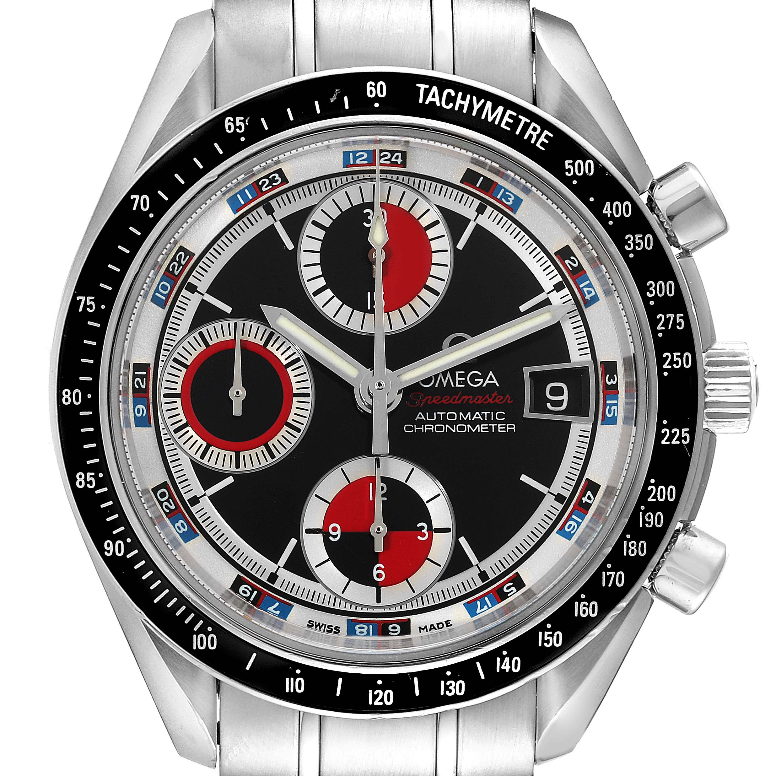 The image shows a front view of an Omega Speedmaster 3210.52.00 Men's Stainless Steel Black Dial 3210.52.00 Men's Stainless Steel Black Dial watch, featuring the dial, chronograph subdials, and tachymeter bezel.