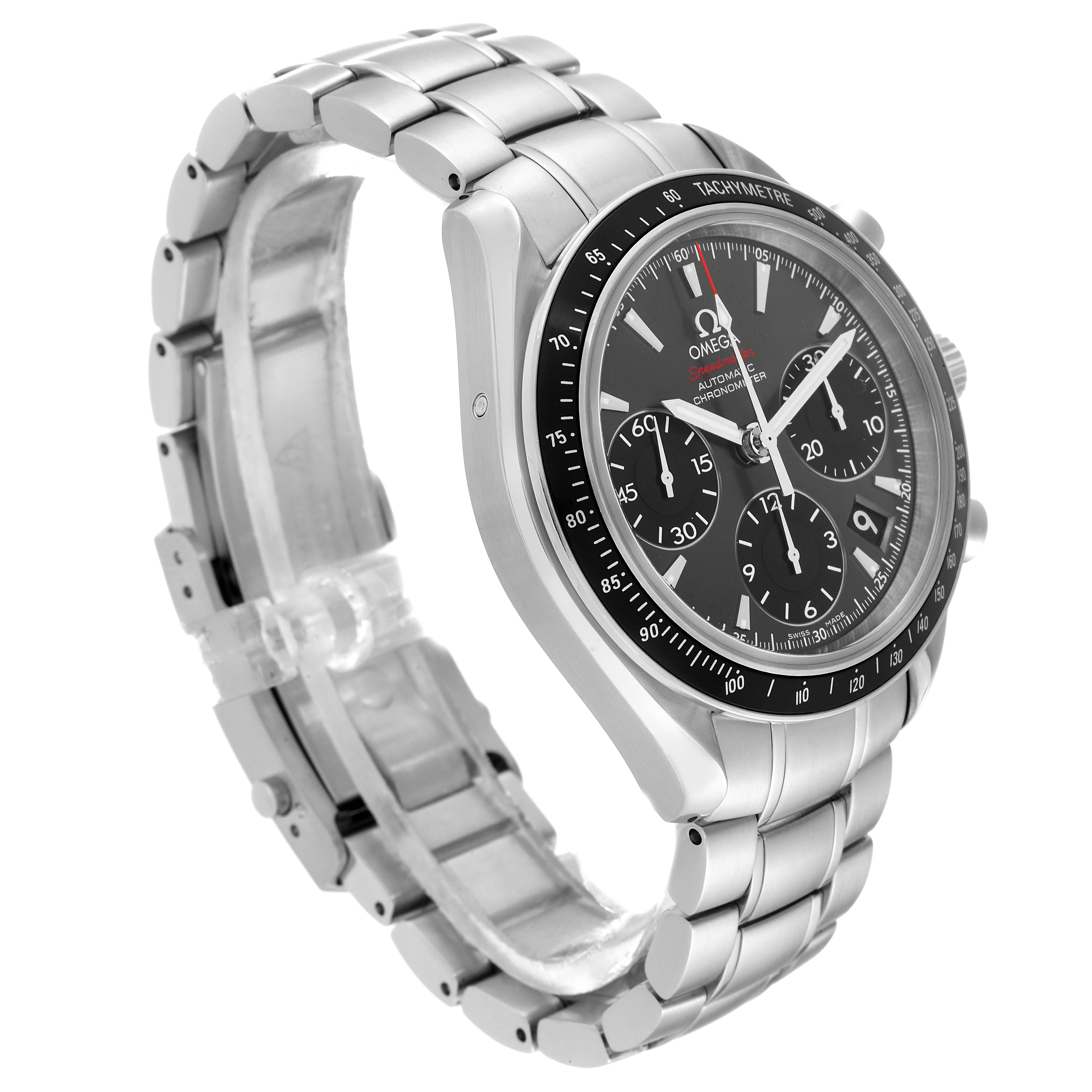 The Omega Speedmaster 323.30.40.40.06.001 Men's Stainless Steel Grey Dial 323.30.40.40.06.001 Men's Stainless Steel Grey Dial watch is shown at a slight left side angle, displaying its face, stainless steel bracelet, and chronograph functions.