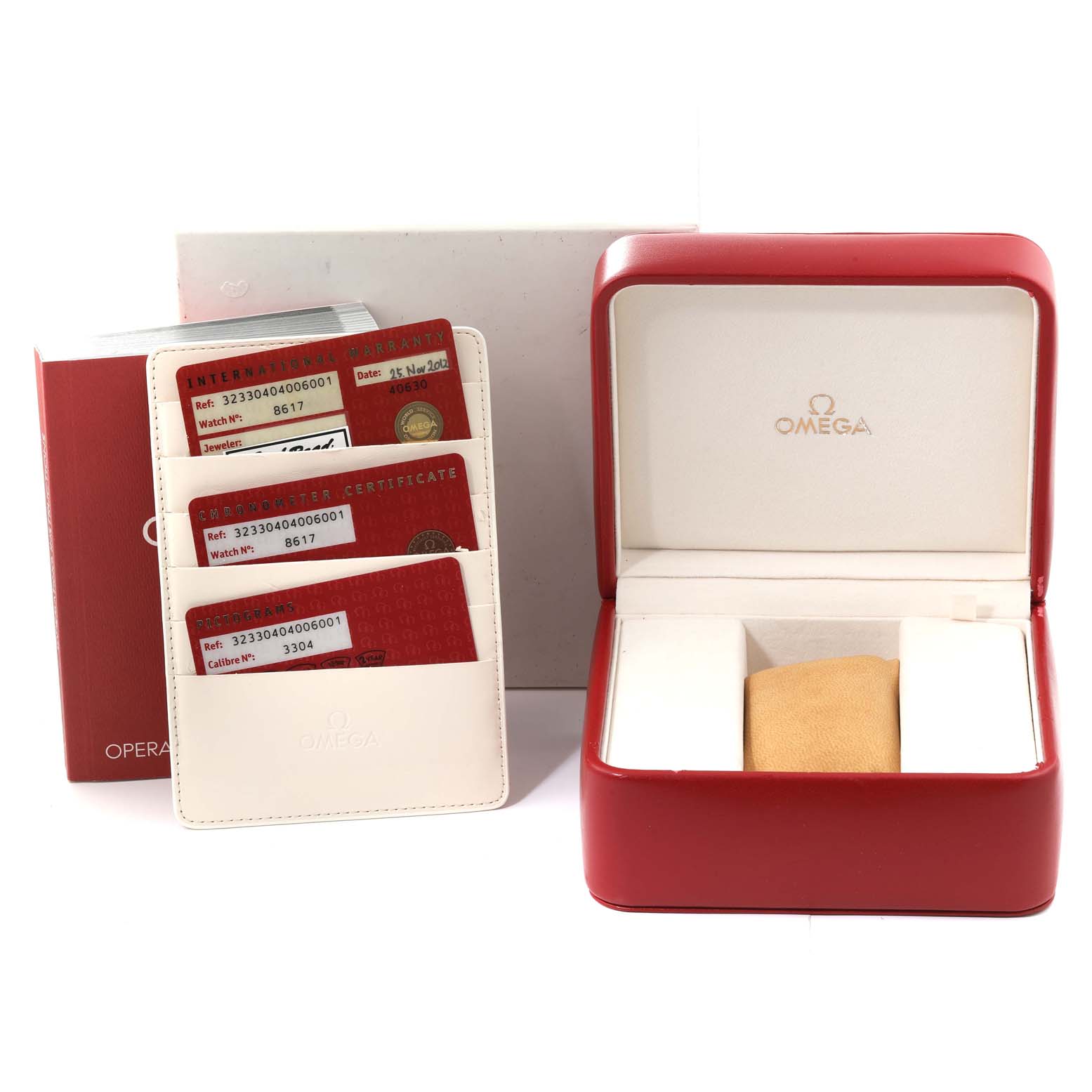 The image shows the Omega Speedmaster 323.30.40.40.06.001 Men's Stainless Steel Grey Dial 323.30.40.40.06.001 Men's Stainless Steel Grey Dial watch box, warranty cards, and a user manual from a frontal angle.