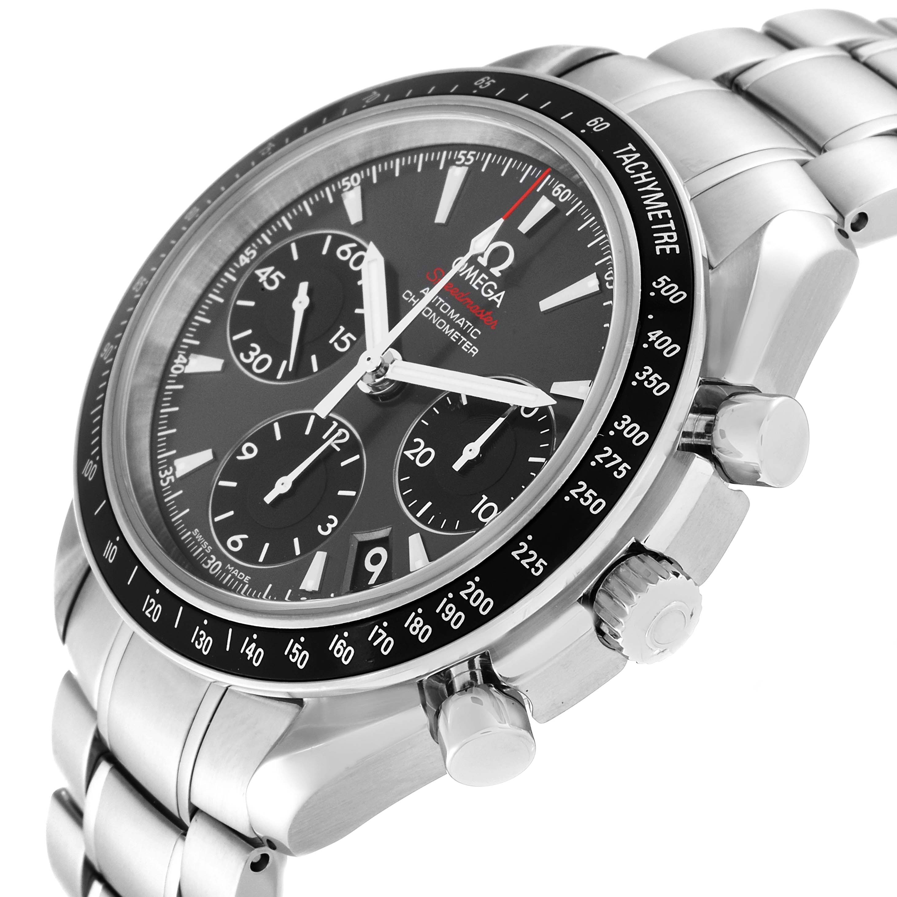 The Omega Speedmaster 323.30.40.40.06.001 Men's Stainless Steel Grey Dial 323.30.40.40.06.001 Men's Stainless Steel Grey Dial watch is shown at an angled view, highlighting its face, tachymeter, crown, and chronograph pushers.