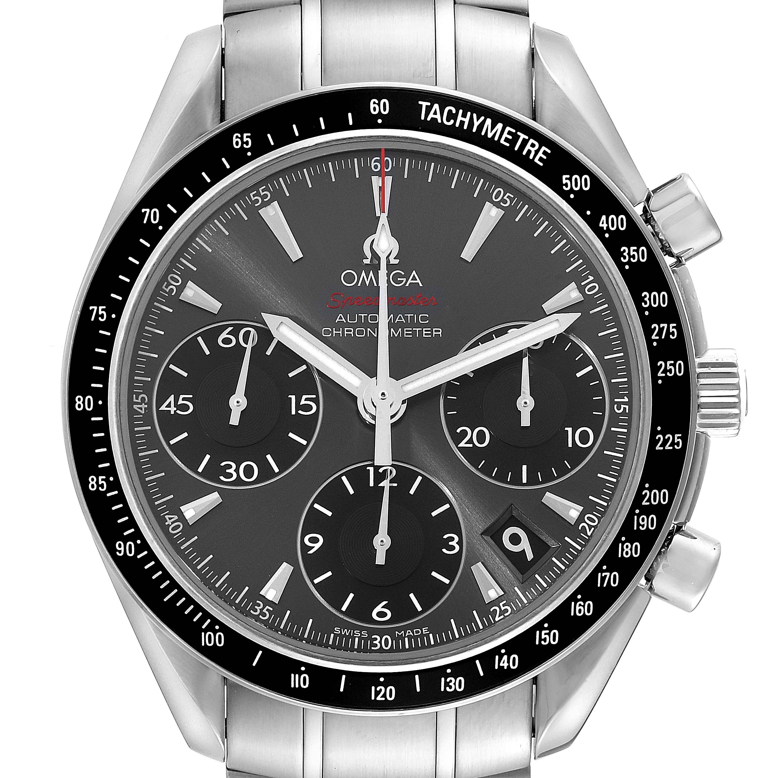 This image shows the front view of an Omega Speedmaster 323.30.40.40.06.001 Men's Stainless Steel Grey Dial 323.30.40.40.06.001 Men's Stainless Steel Grey Dial watch, highlighting the dial, bezel, and chronograph subdials.