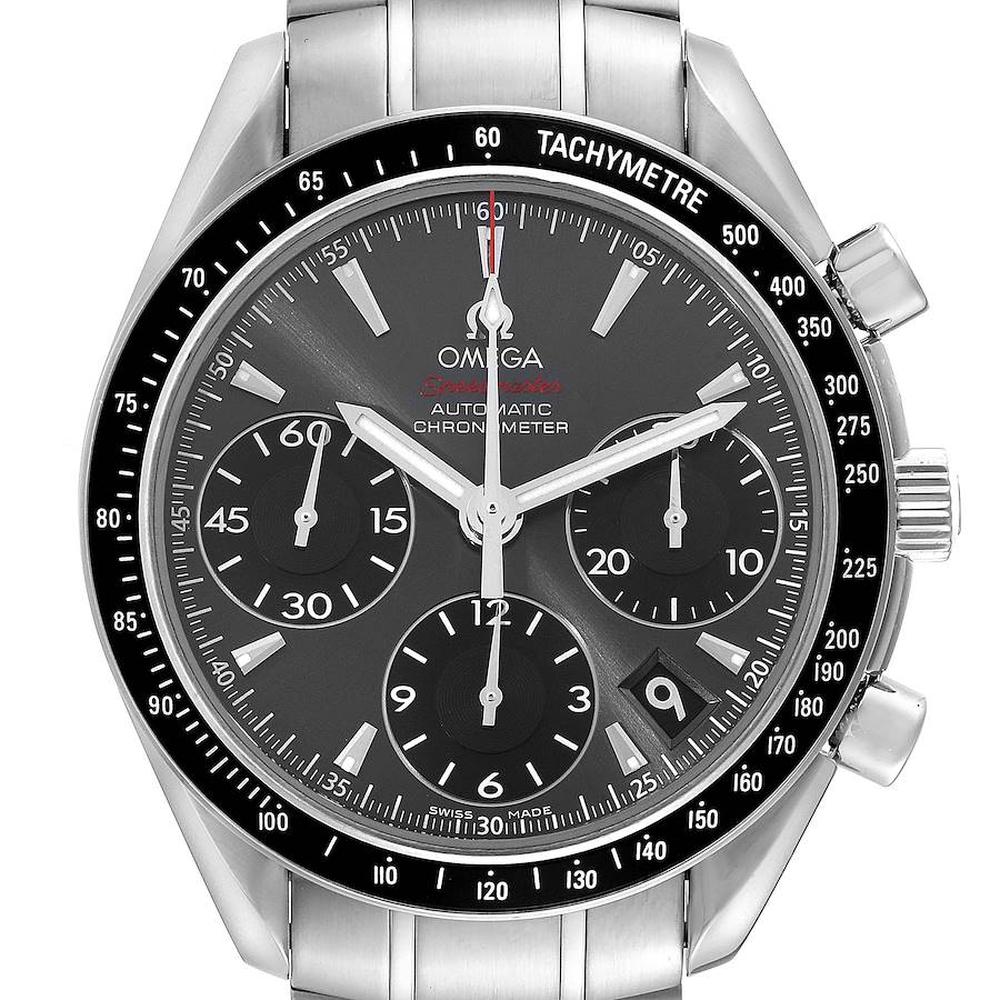 This image shows the front view of an Omega Speedmaster watch, highlighting the dial, bezel, and chronograph subdials.