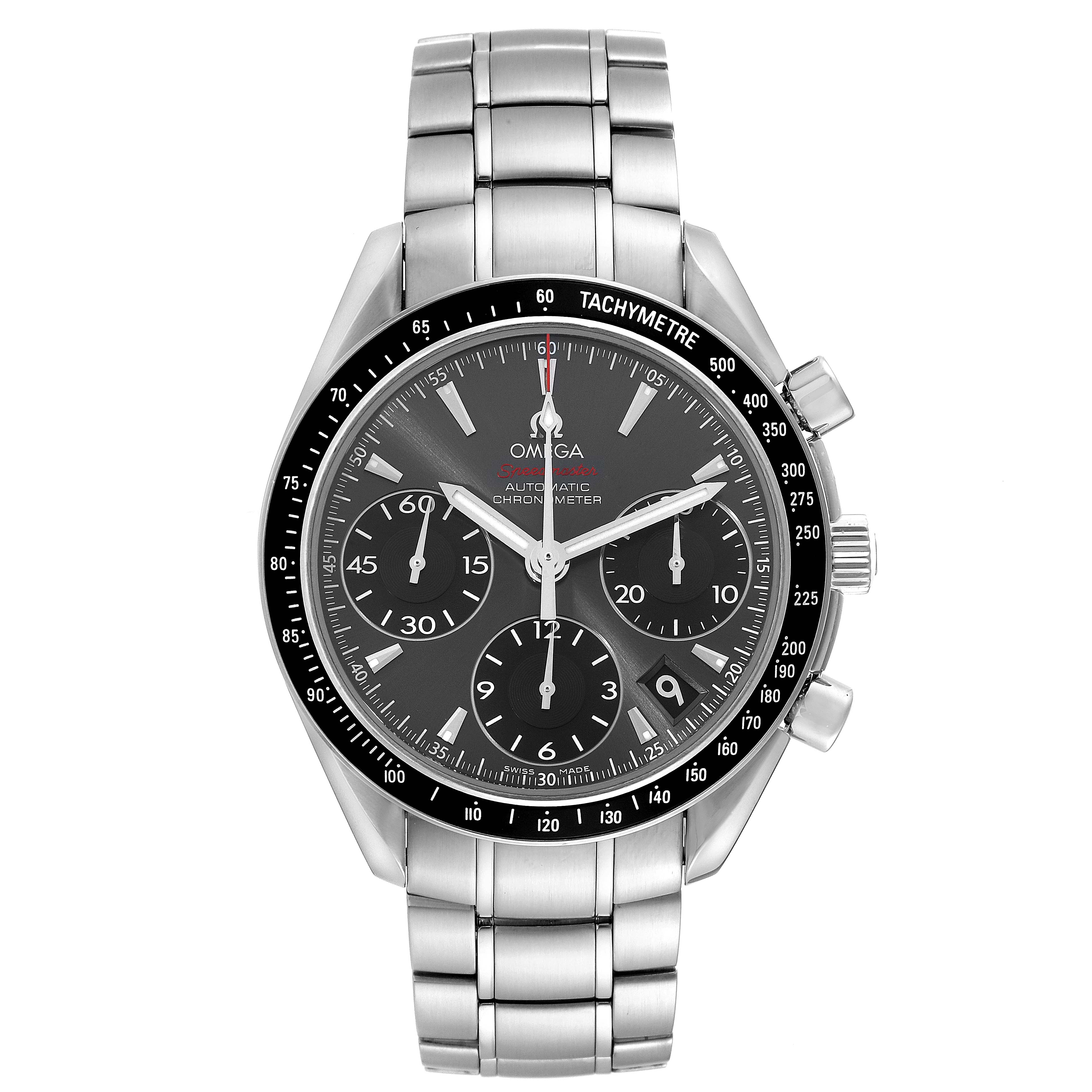 The Omega Speedmaster 323.30.40.40.06.001 Men's Stainless Steel Grey Dial 323.30.40.40.06.001 Men's Stainless Steel Grey Dial watch is shown from a front angle, displaying its dial, sub-dials, bezel, and stainless steel bracelet.