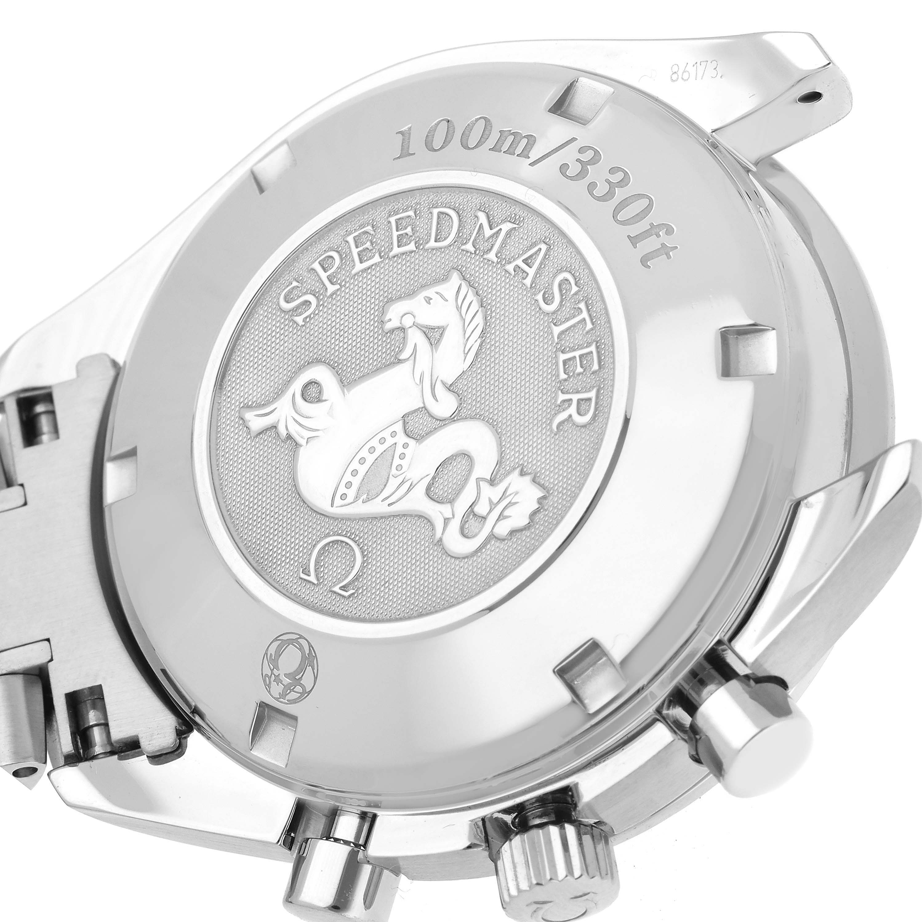 The image shows the back case of an Omega Speedmaster 323.30.40.40.06.001 Men's Stainless Steel Grey Dial 323.30.40.40.06.001 Men's Stainless Steel Grey Dial watch from an angled side view.