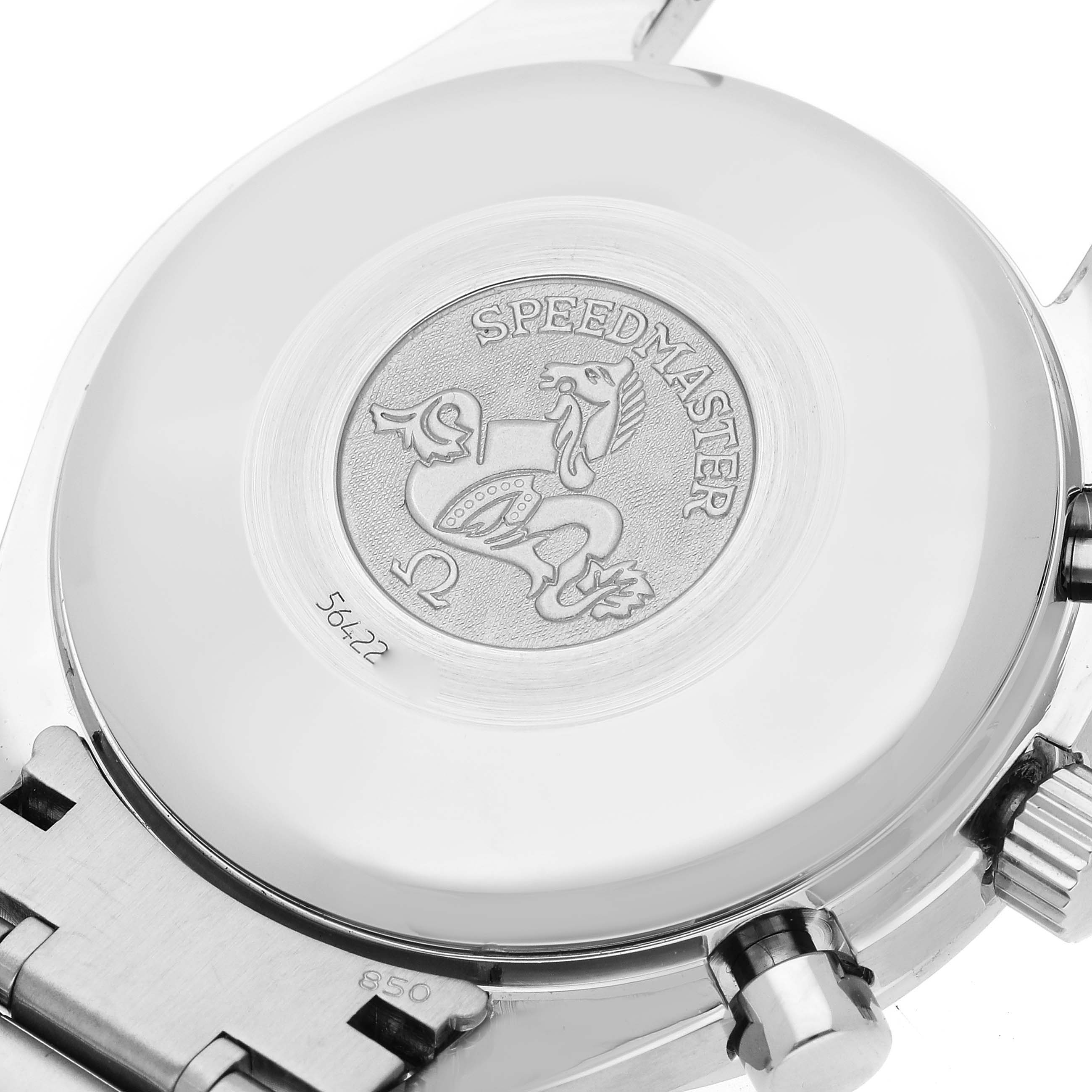 The image shows the case back of an Omega Speedmaster 3520.50.00 Men's Stainless Steel Black Dial 3520.50.00 Men's Stainless Steel Black Dial watch, highlighting the engraving and part of the clasp and pushers.