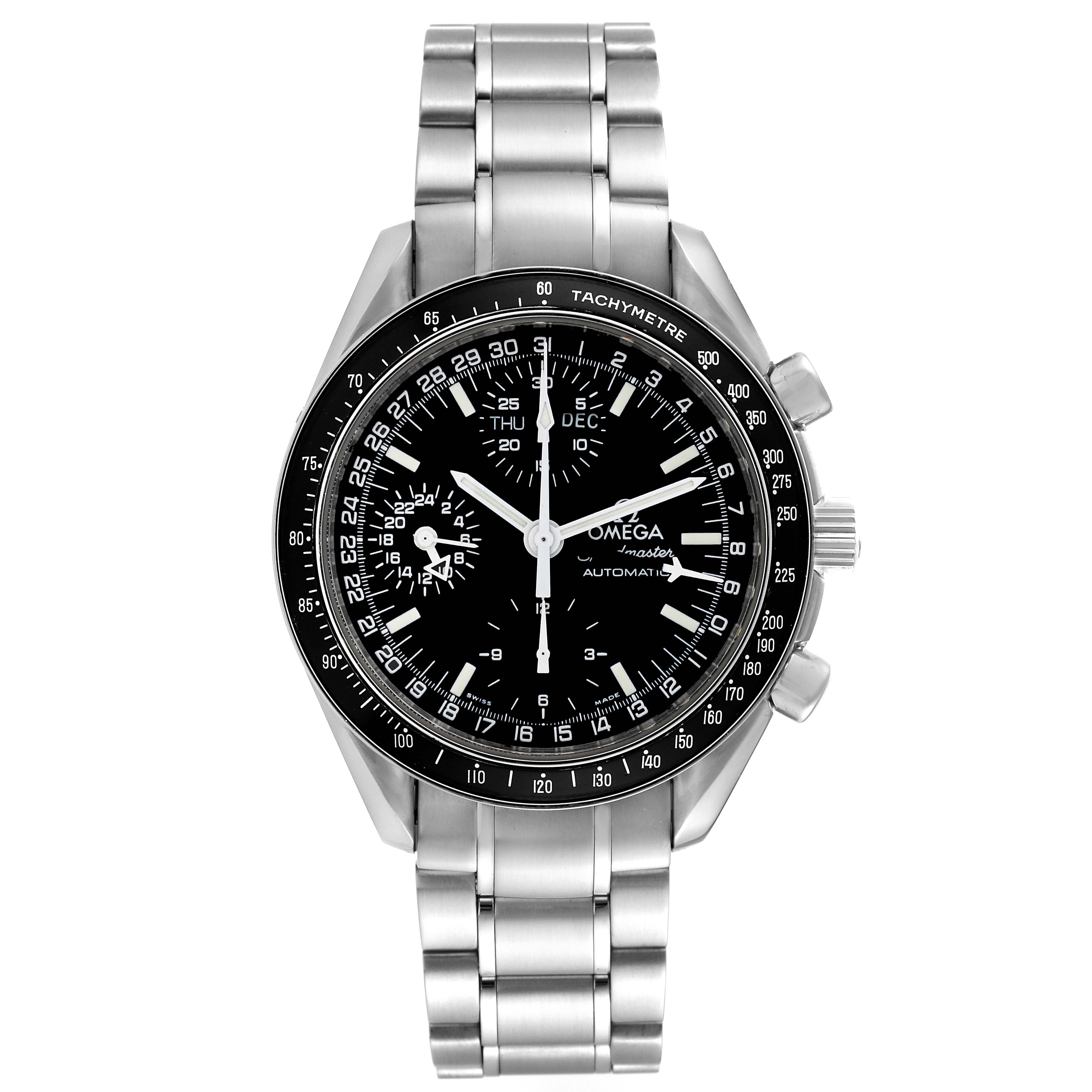 This Omega Speedmaster 3520.50.00 Men's Stainless Steel Black Dial 3520.50.00 Men's Stainless Steel Black Dial watch is shown from the front, highlighting its face, bezel, and metal bracelet.
