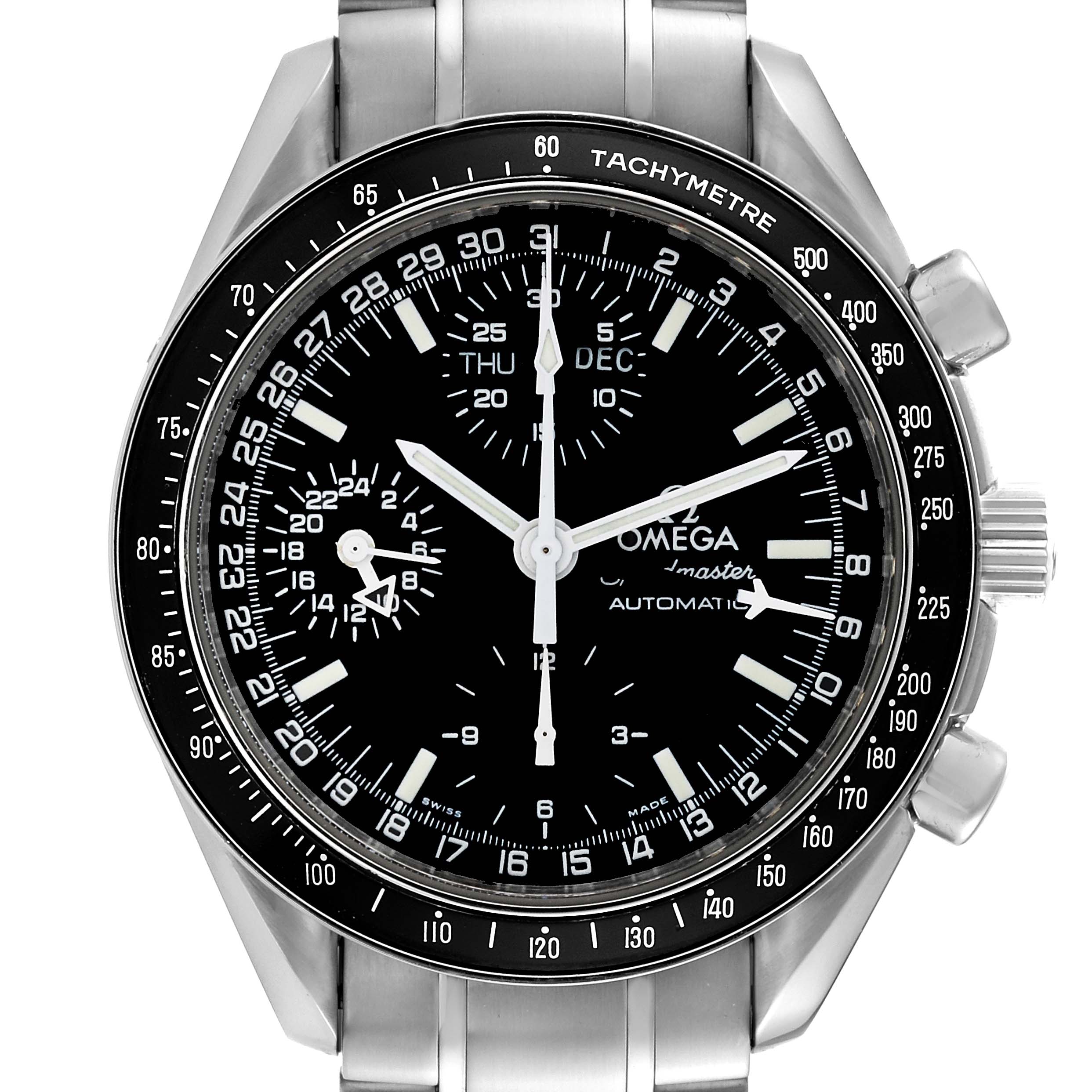 This image shows a frontal view of the Omega Speedmaster 3520.50.00 Men's Stainless Steel Black Dial 3520.50.00 Men's Stainless Steel Black Dial, highlighting the dial, sub-dials, and tachymeter bezel.