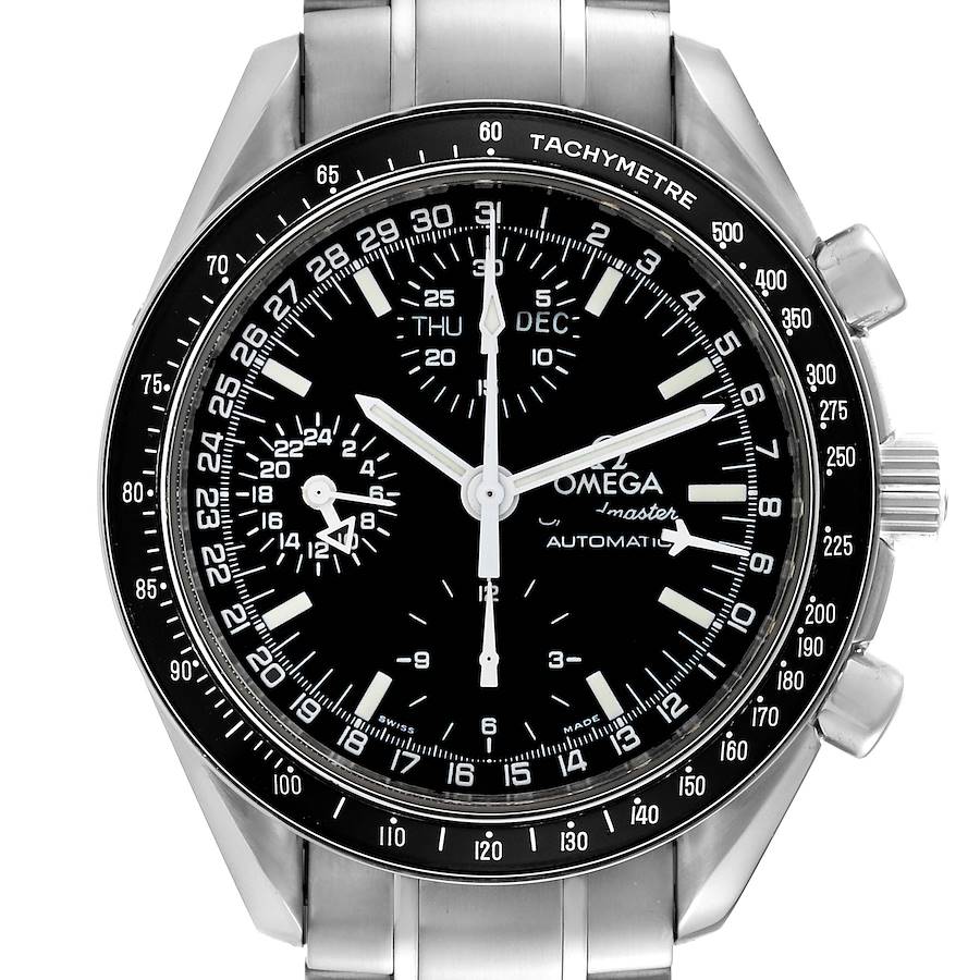 This image shows a frontal view of the Omega Speedmaster, highlighting the dial, sub-dials, and tachymeter bezel.