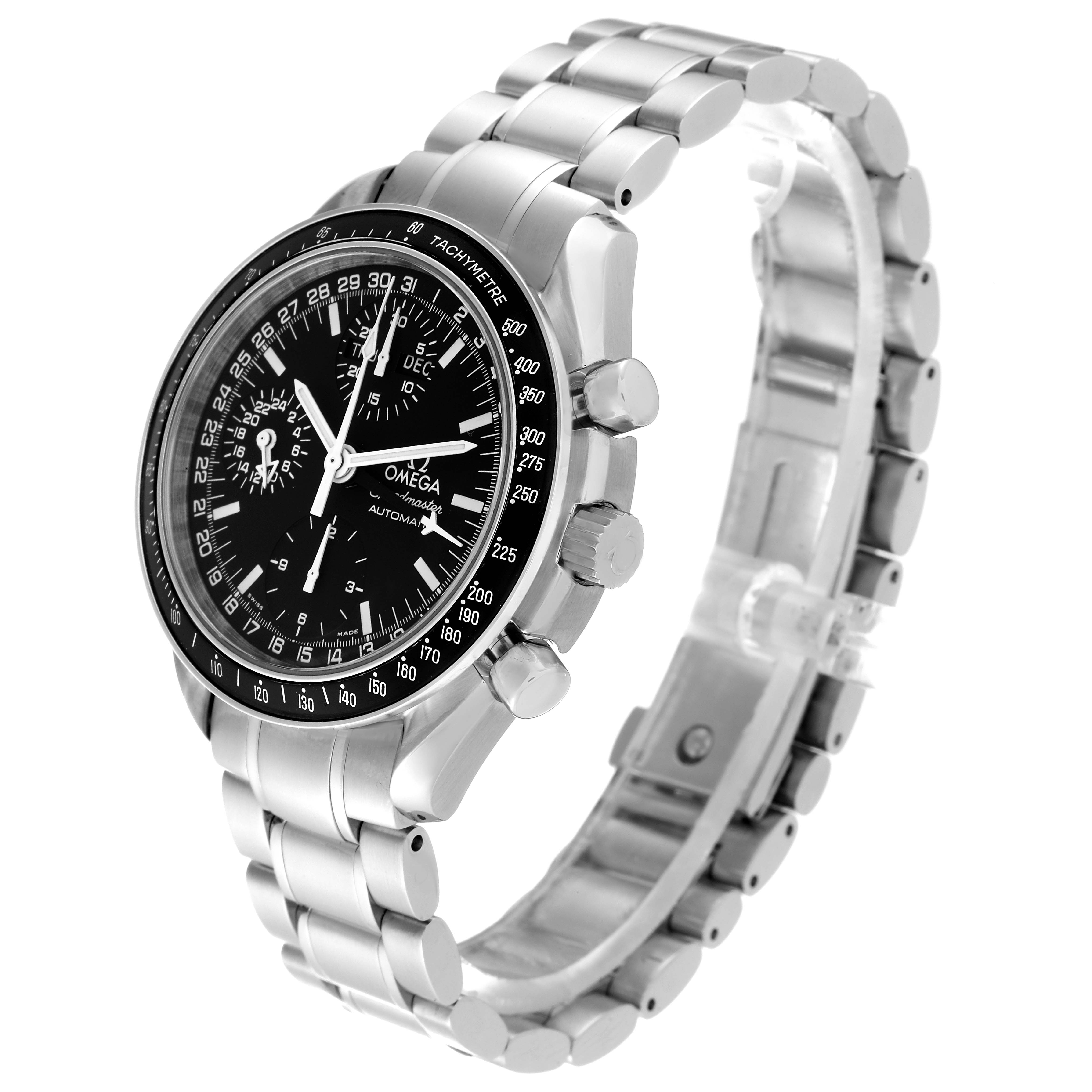 The image shows the Omega Speedmaster 3520.50.00 Men's Stainless Steel Black Dial 3520.50.00 Men's Stainless Steel Black Dial watch at a right-side angle, displaying its face, bezel, crown, pushers, and bracelet.
