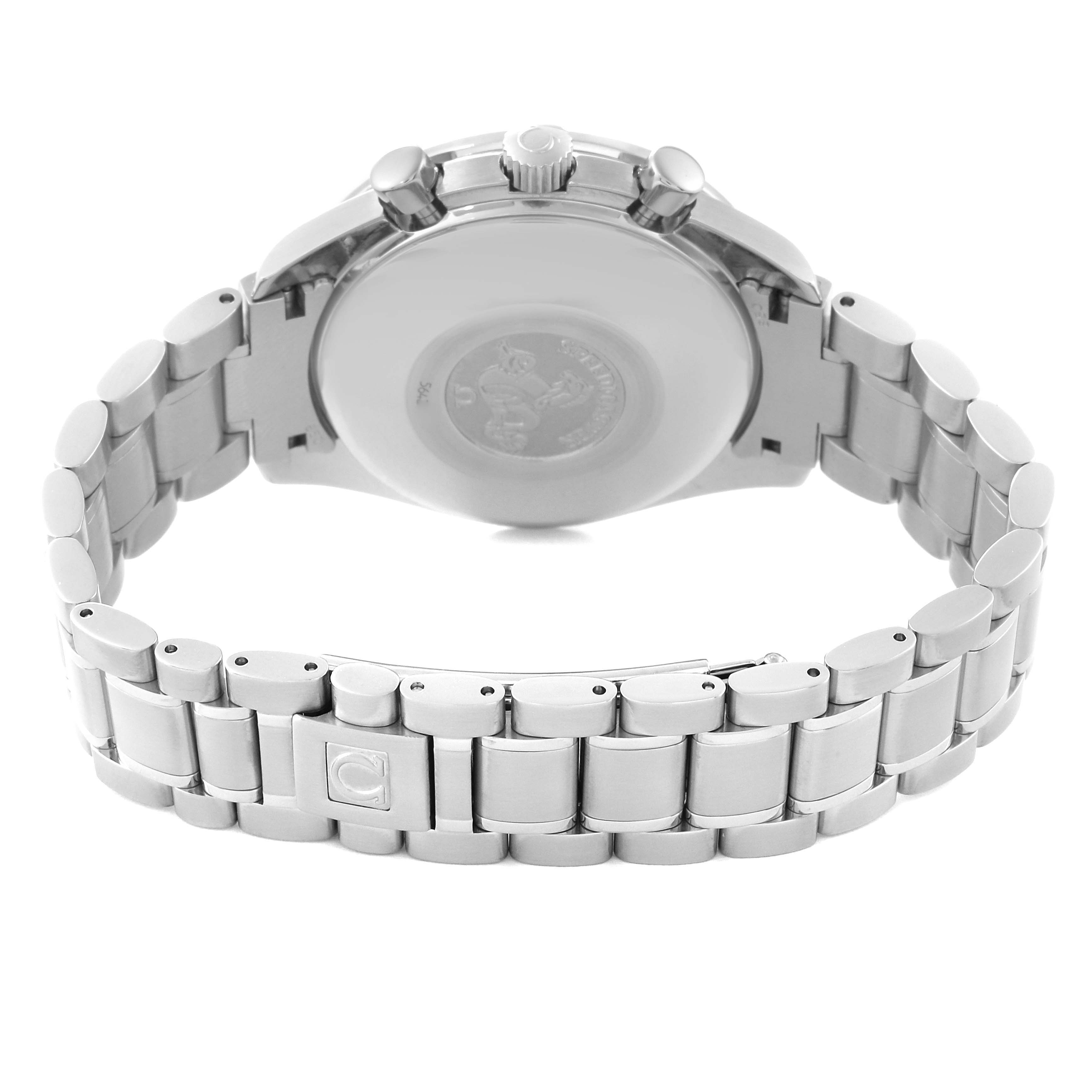 This image shows the back case and the bracelet of an Omega Speedmaster 3520.50.00 Men's Stainless Steel Black Dial 3520.50.00 Men's Stainless Steel Black Dial watch from a rear angle.