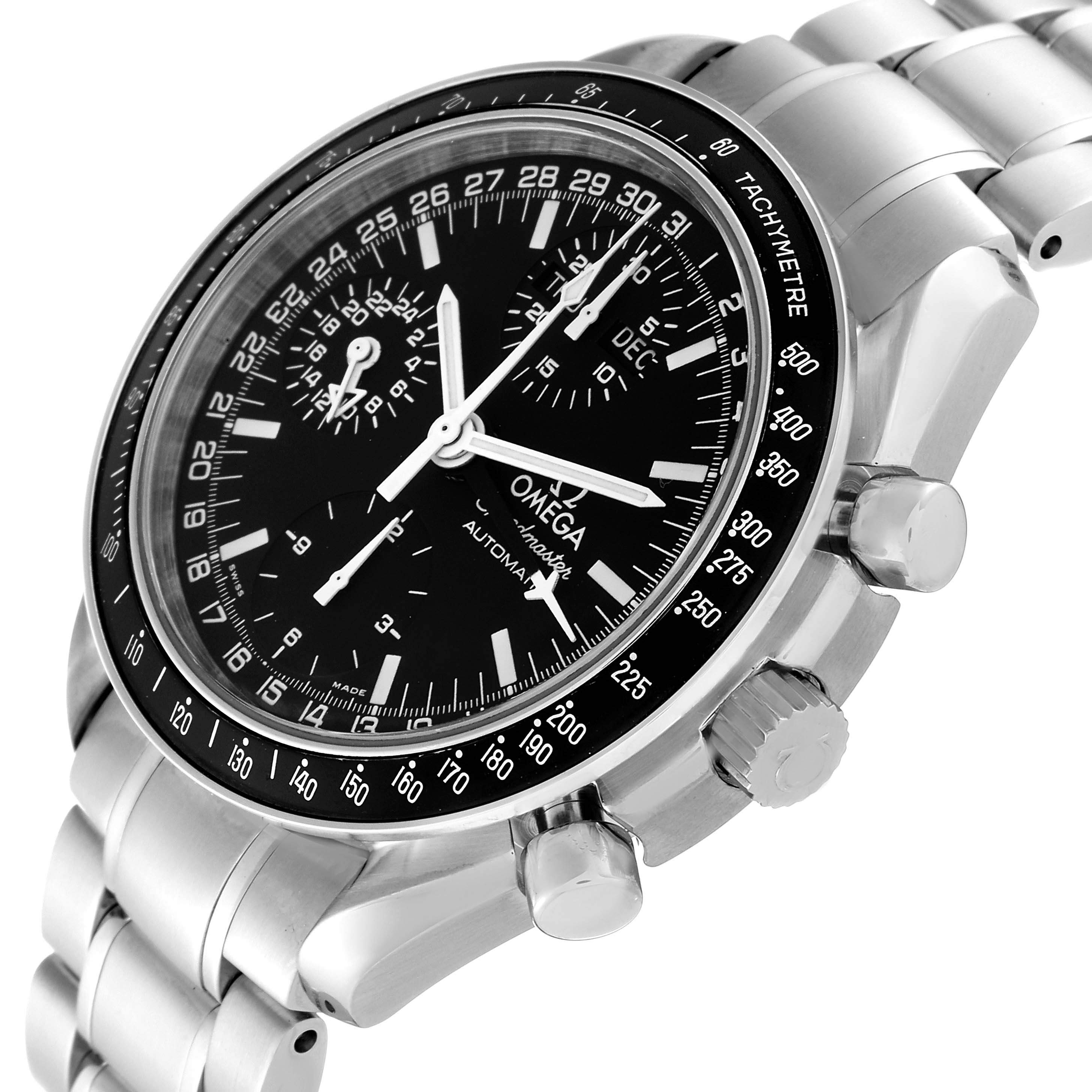 The image shows an angled close-up of the Omega Speedmaster 3520.50.00 Men's Stainless Steel Black Dial 3520.50.00 Men's Stainless Steel Black Dial watch, displaying its dial, bezel, and part of the bracelet.