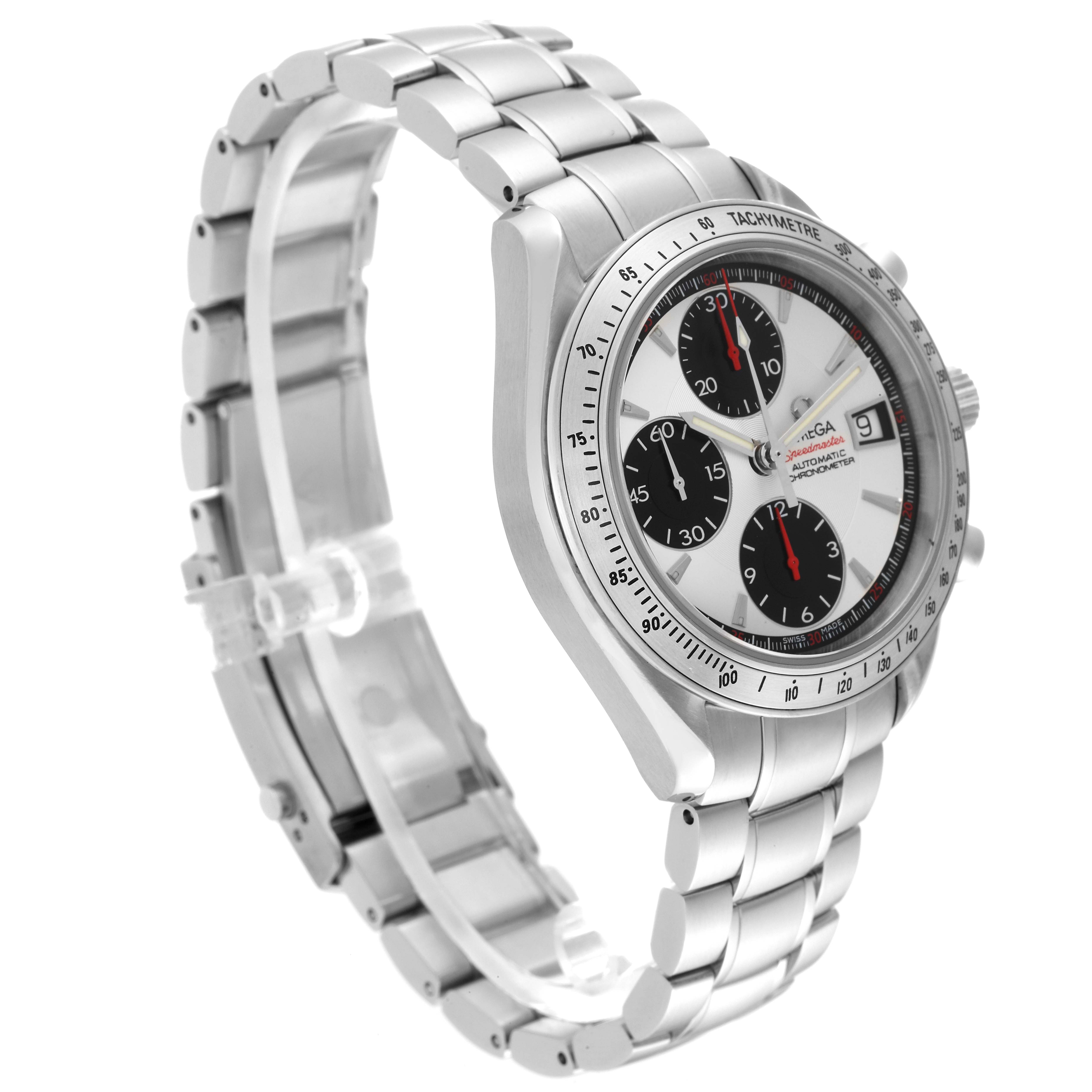 The image shows an angled side view of the Omega Speedmaster 3211.31.00 Men's Stainless Steel Silver Dial 3211.31.00 Men's Stainless Steel Silver Dial watch, highlighting its stainless steel bracelet and chronograph face.