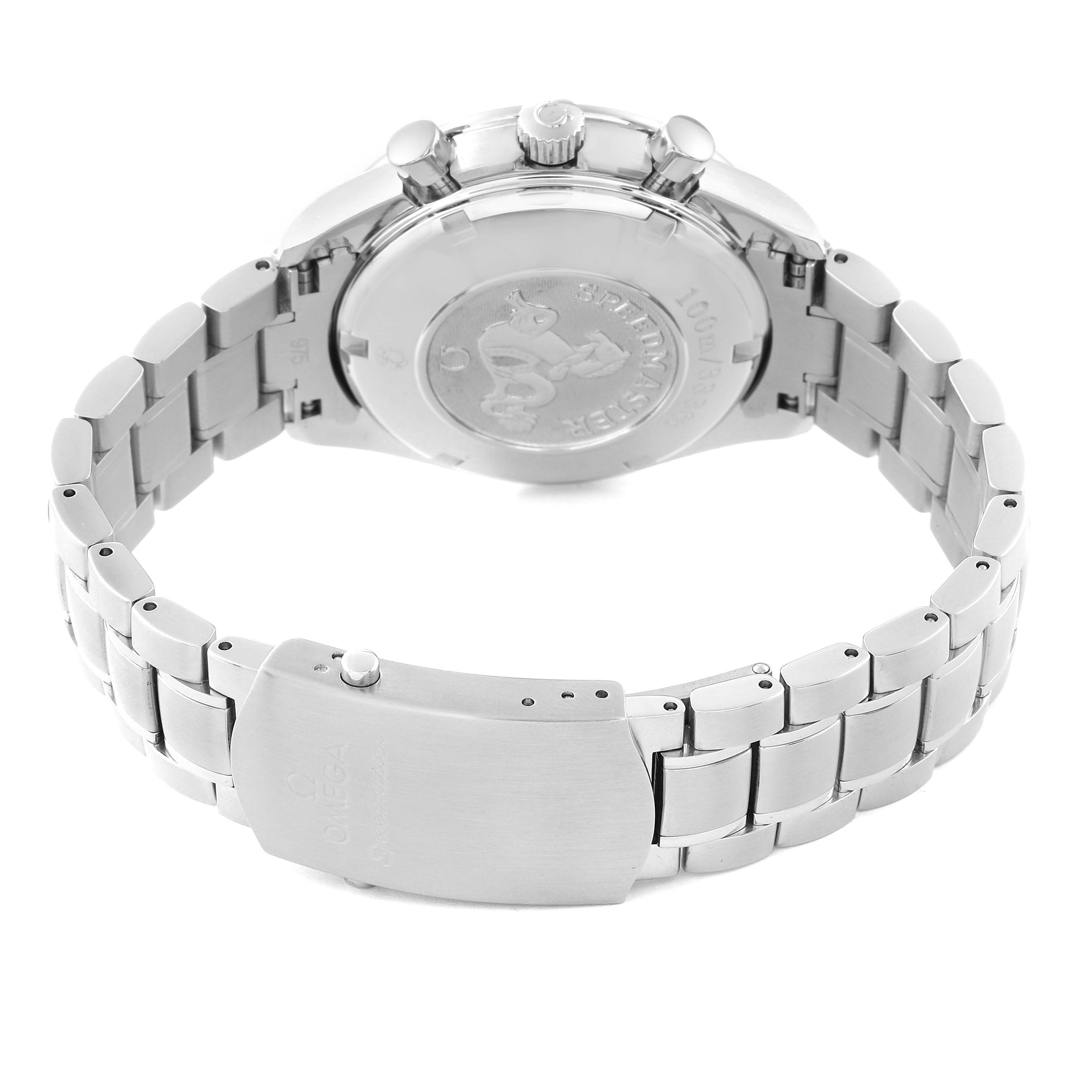 The image shows the back view and bracelet of the Omega Speedmaster 3211.31.00 Men's Stainless Steel Silver Dial 3211.31.00 Men's Stainless Steel Silver Dial watch, including the clasp and case back.