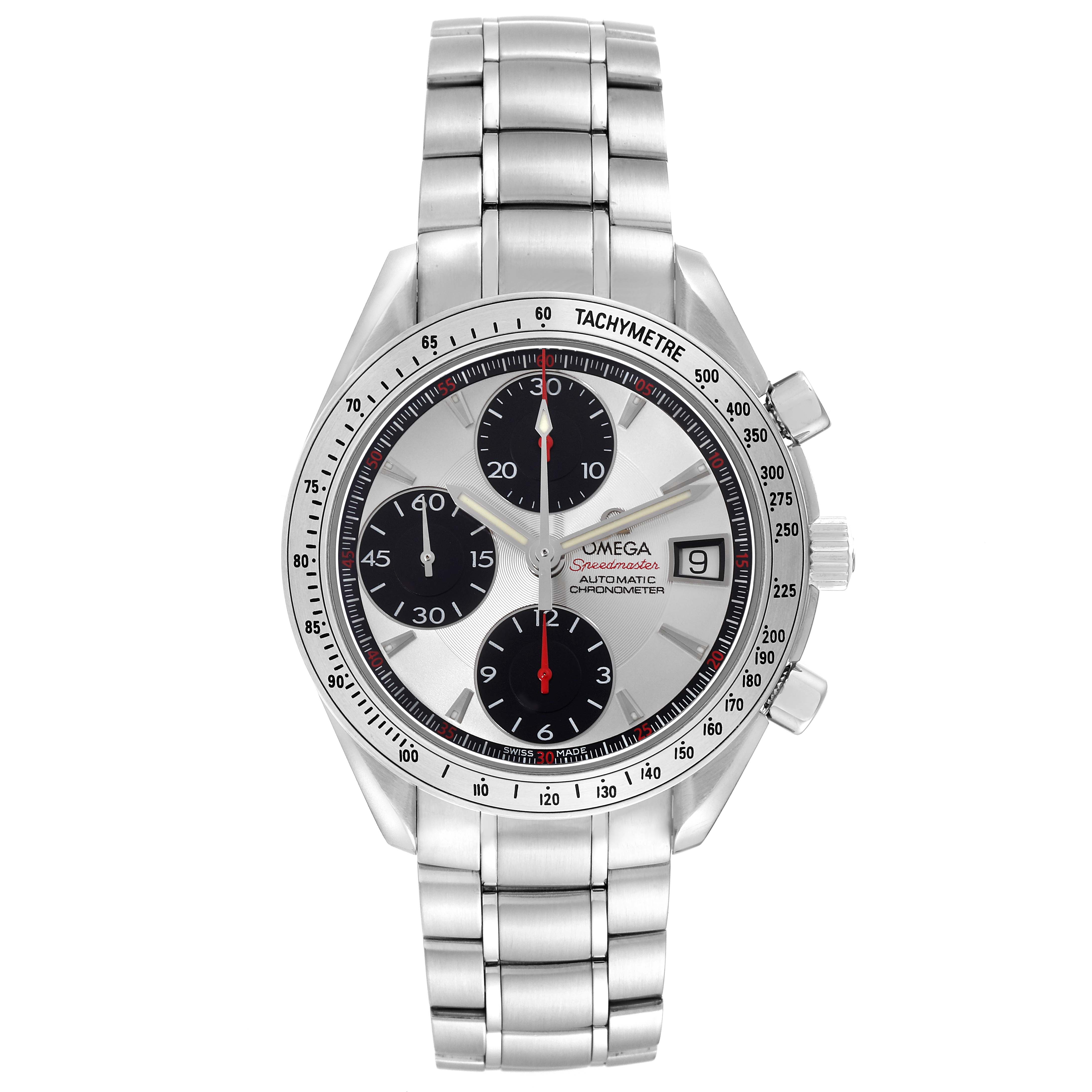 The image shows a frontal view of the Omega Speedmaster 3211.31.00 Men's Stainless Steel Silver Dial 3211.31.00 Men's Stainless Steel Silver Dial watch, highlighting its dial, tachymeter bezel, and metal bracelet.