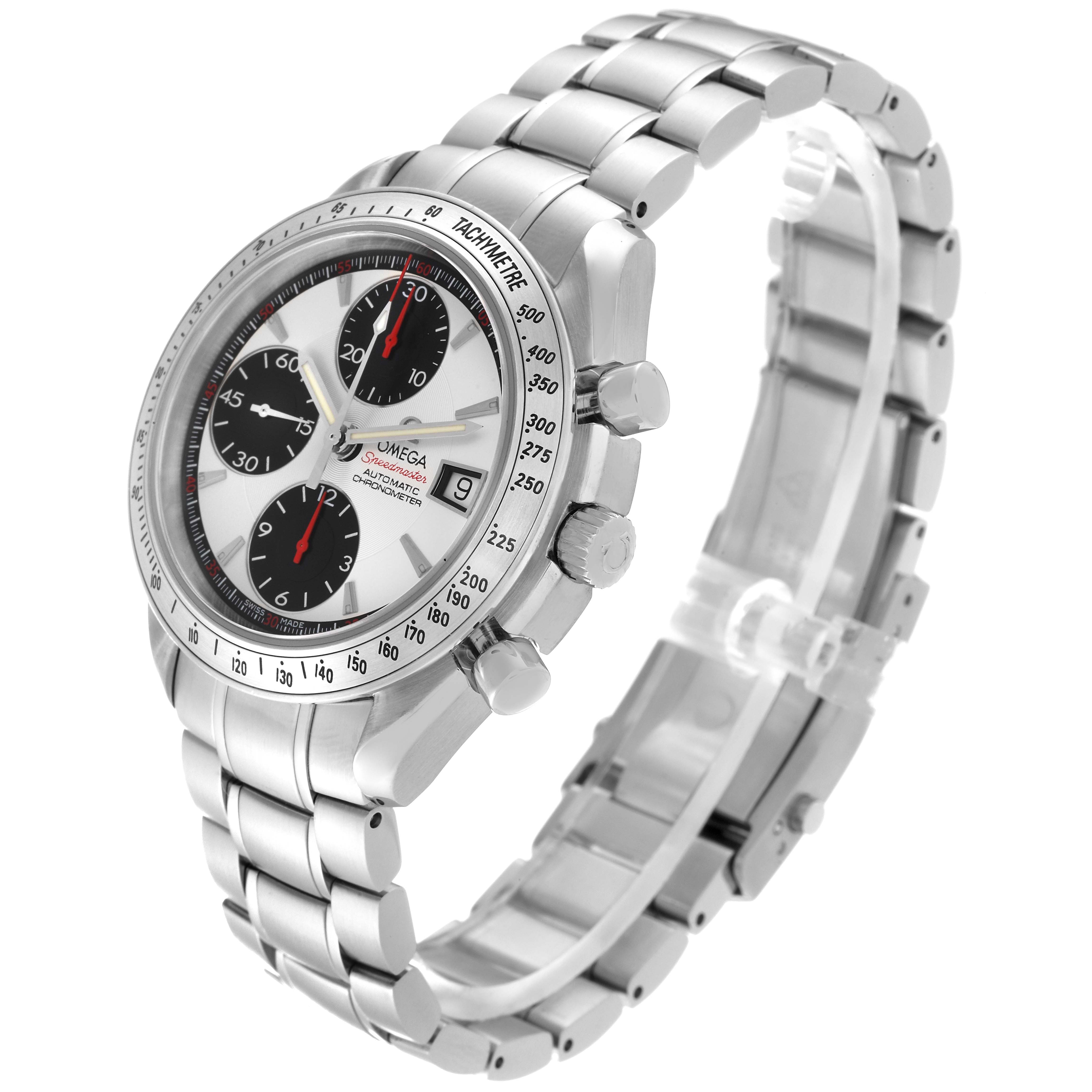 The image shows a side angle view of the Omega Speedmaster 3211.31.00 Men's Stainless Steel Silver Dial 3211.31.00 Men's Stainless Steel Silver Dial watch, highlighting its bezel, bracelet, and pushers.