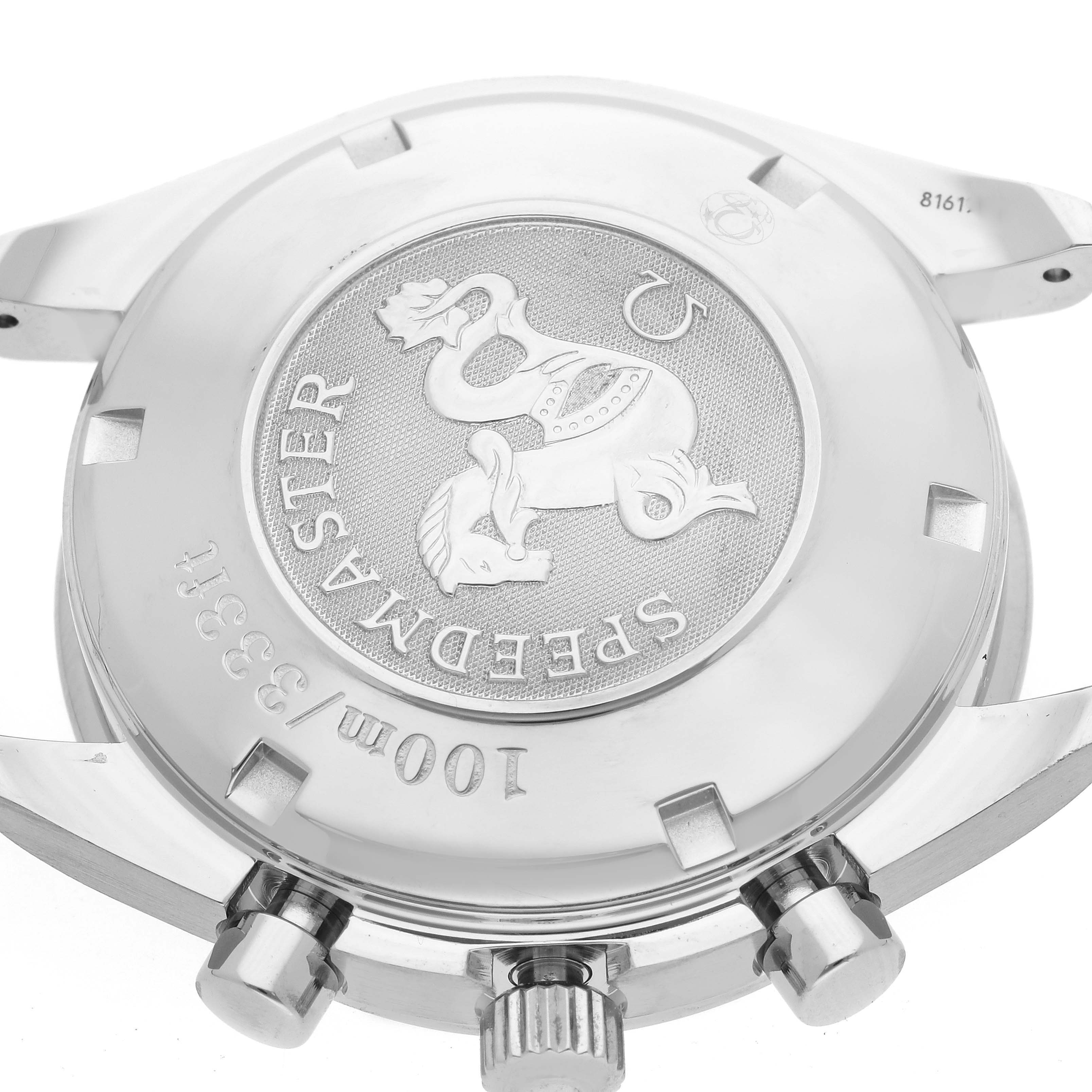 This image displays the case back and side buttons of an Omega Speedmaster 3211.31.00 Men's Stainless Steel Silver Dial 3211.31.00 Men's Stainless Steel Silver Dial watch from a rear angle.