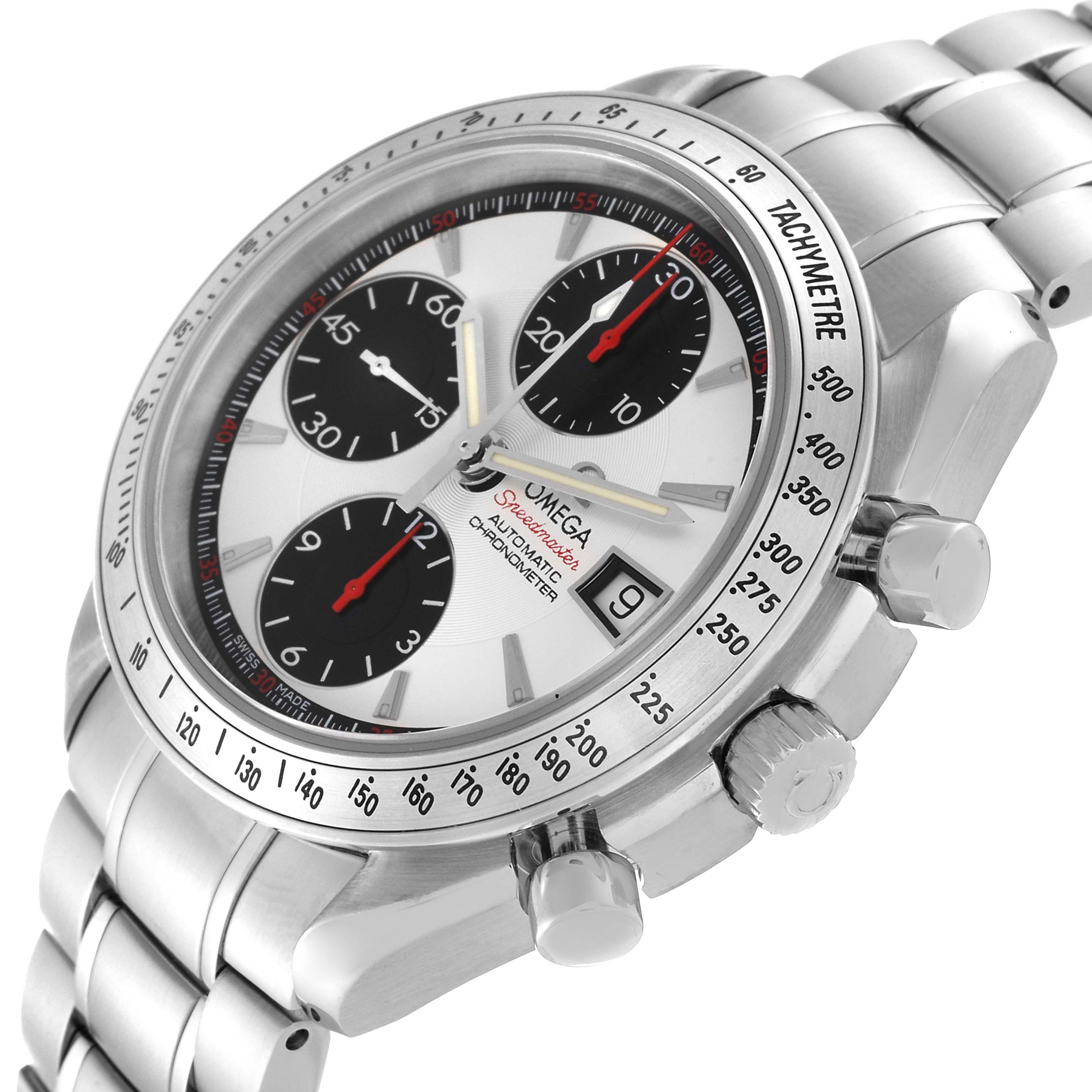 The Omega Speedmaster 3211.31.00 Men's Stainless Steel Silver Dial 3211.31.00 Men's Stainless Steel Silver Dial watch shown is angled to display the front dial, side pushers, crown, and part of the bracelet.