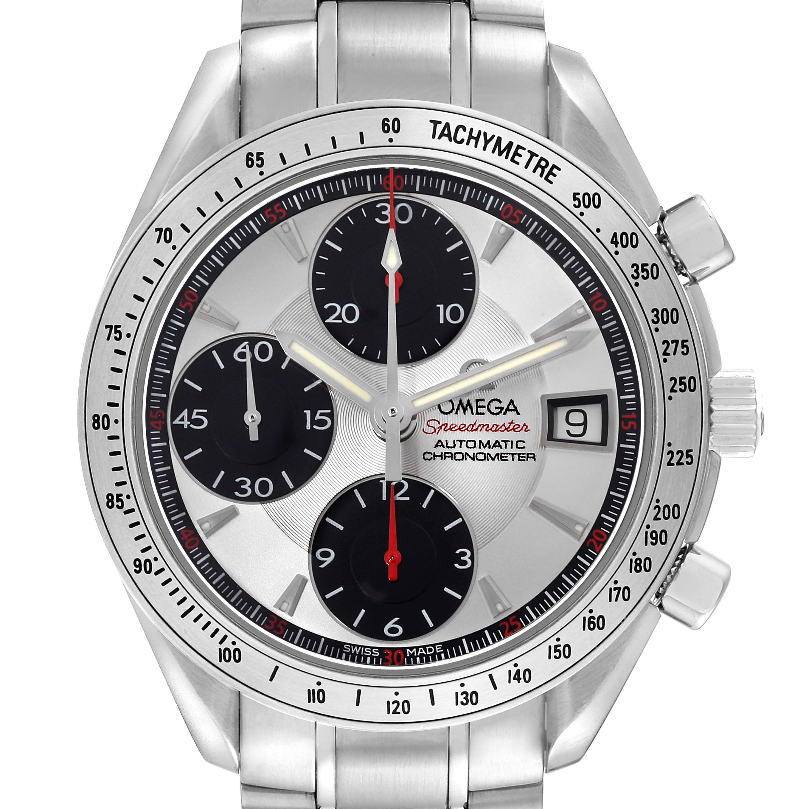 The image shows the Omega Speedmaster 3211.31.00 Men's Stainless Steel Silver Dial 3211.31.00 Men's Stainless Steel Silver Dial watch from a top-down angle, highlighting the face, bezel, subdials, and crown.
