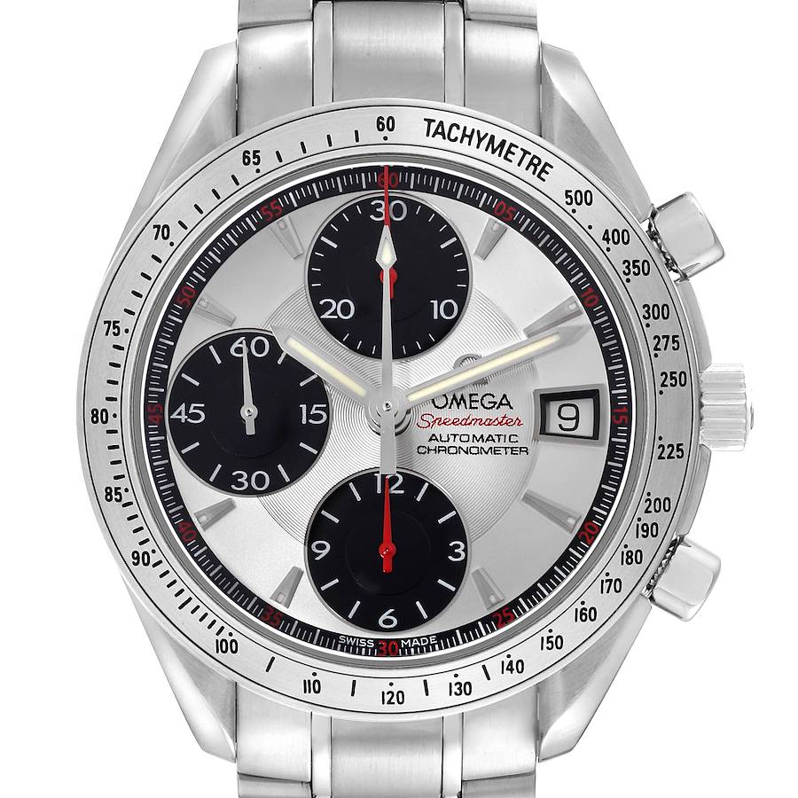 The image shows the Omega Speedmaster watch from a top-down angle, highlighting the face, bezel, subdials, and crown.