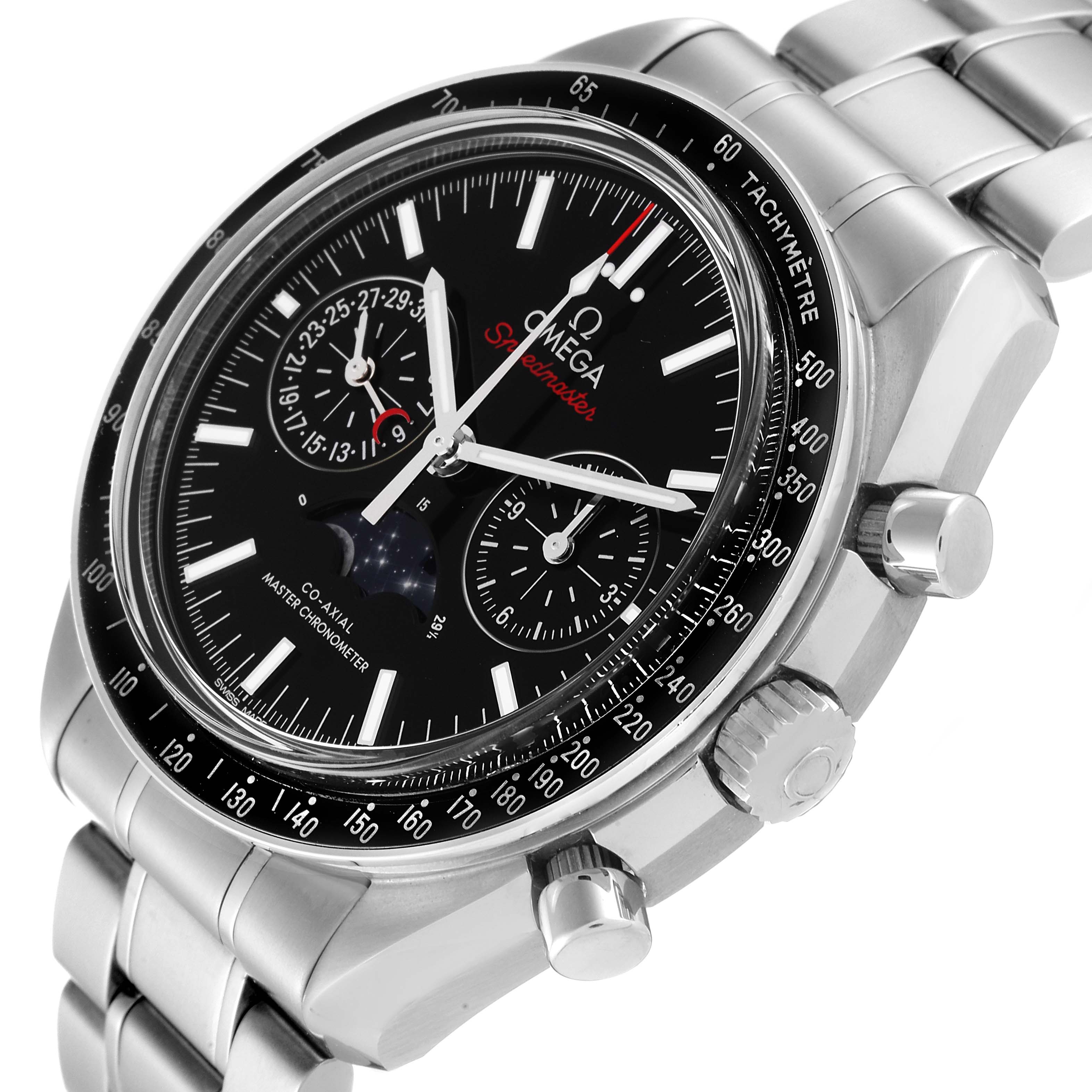 The Omega Speedmaster 304.30.44.52.01.001 Men's Stainless Steel Black Dial 304.30.44.52.01.001 Men's Stainless Steel Black Dial watch is shown at a slight angle highlighting the face, crown, pushers, and steel bracelet.