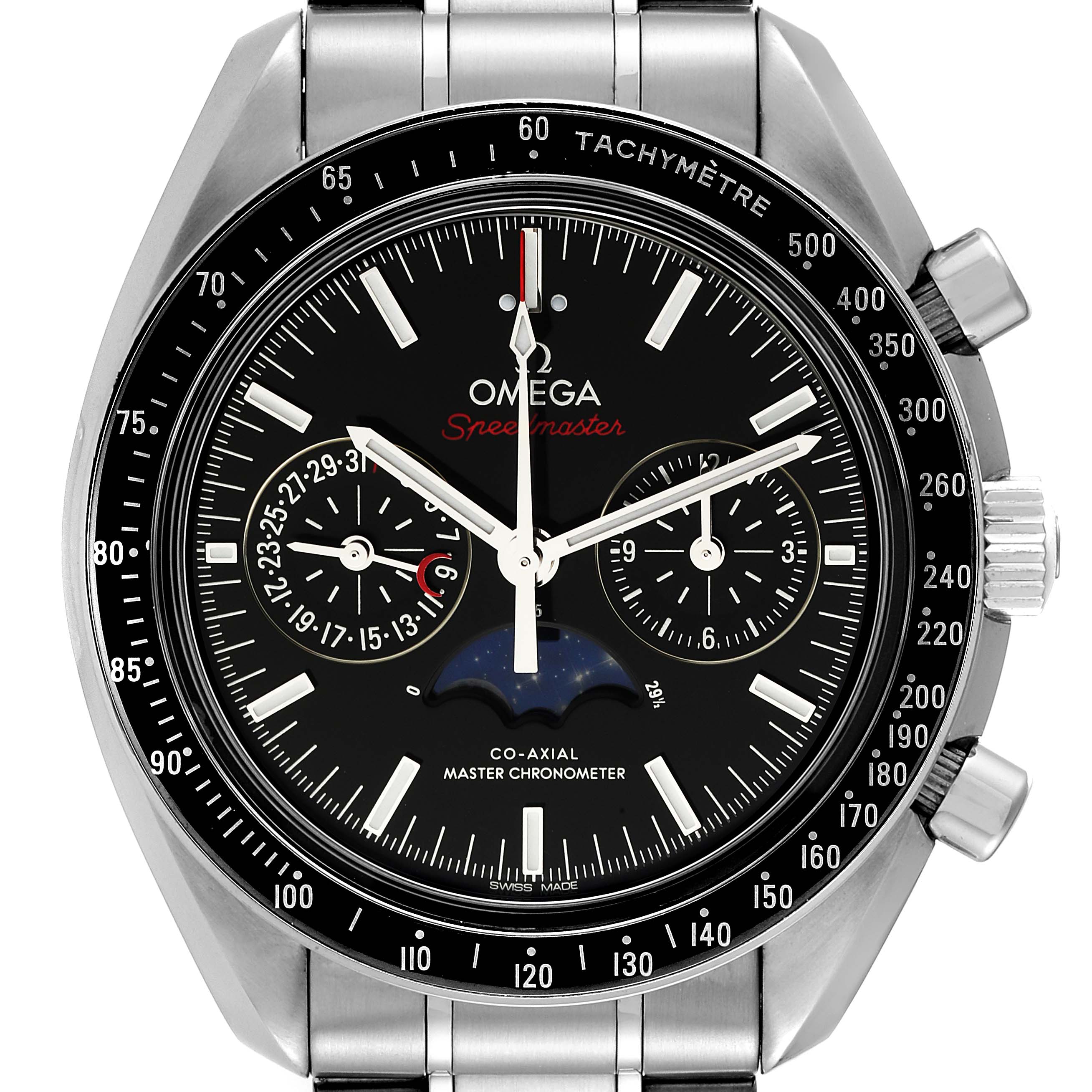 This image shows a front view of an Omega Speedmaster 304.30.44.52.01.001 Men's Stainless Steel Black Dial 304.30.44.52.01.001 Men's Stainless Steel Black Dial watch, displaying its face, bezel, and part of its stainless steel bracelet.