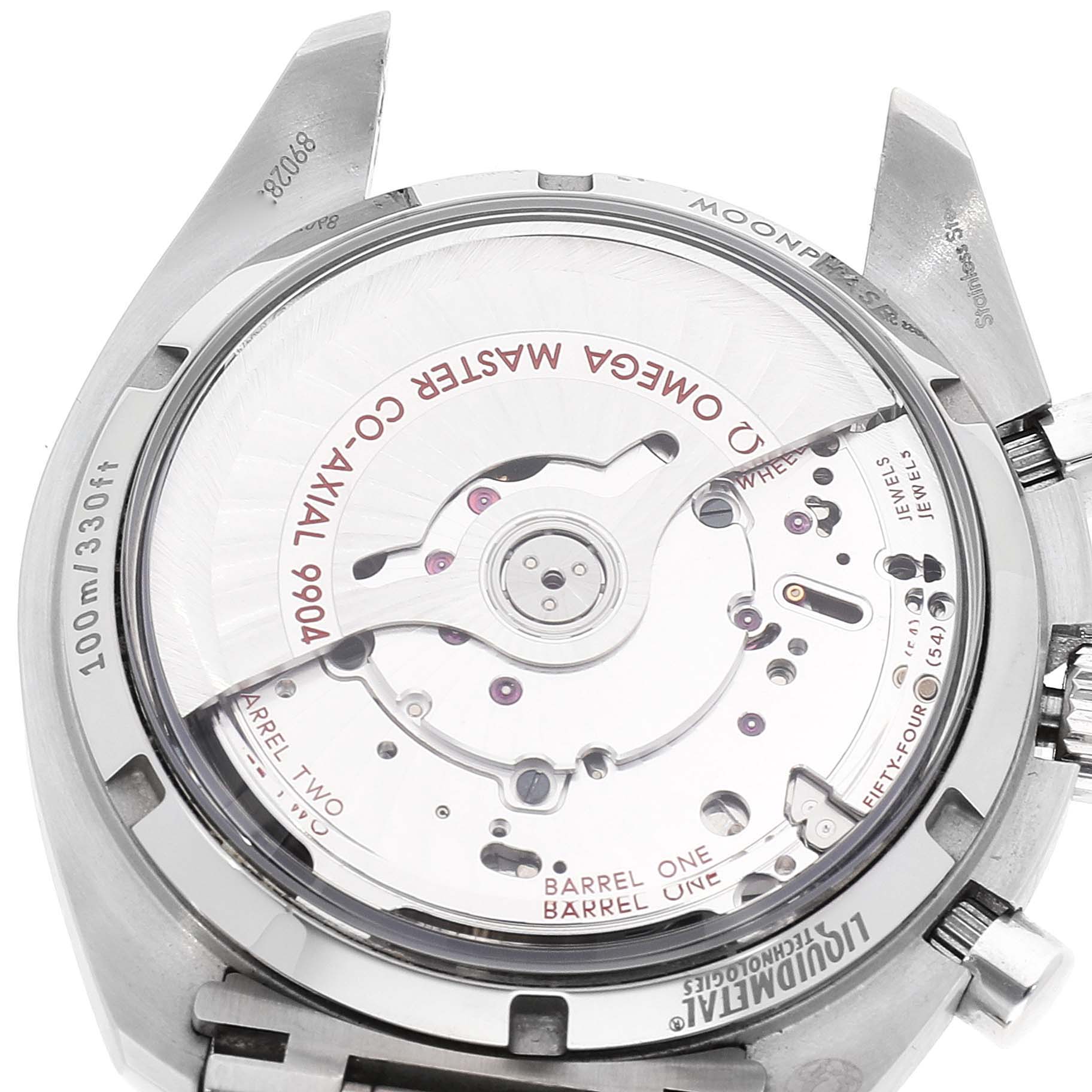 This image shows the back of an Omega Speedmaster 304.30.44.52.01.001 Men's Stainless Steel Black Dial 304.30.44.52.01.001 Men's Stainless Steel Black Dial watch, highlighting the internal mechanical components and inscriptions.