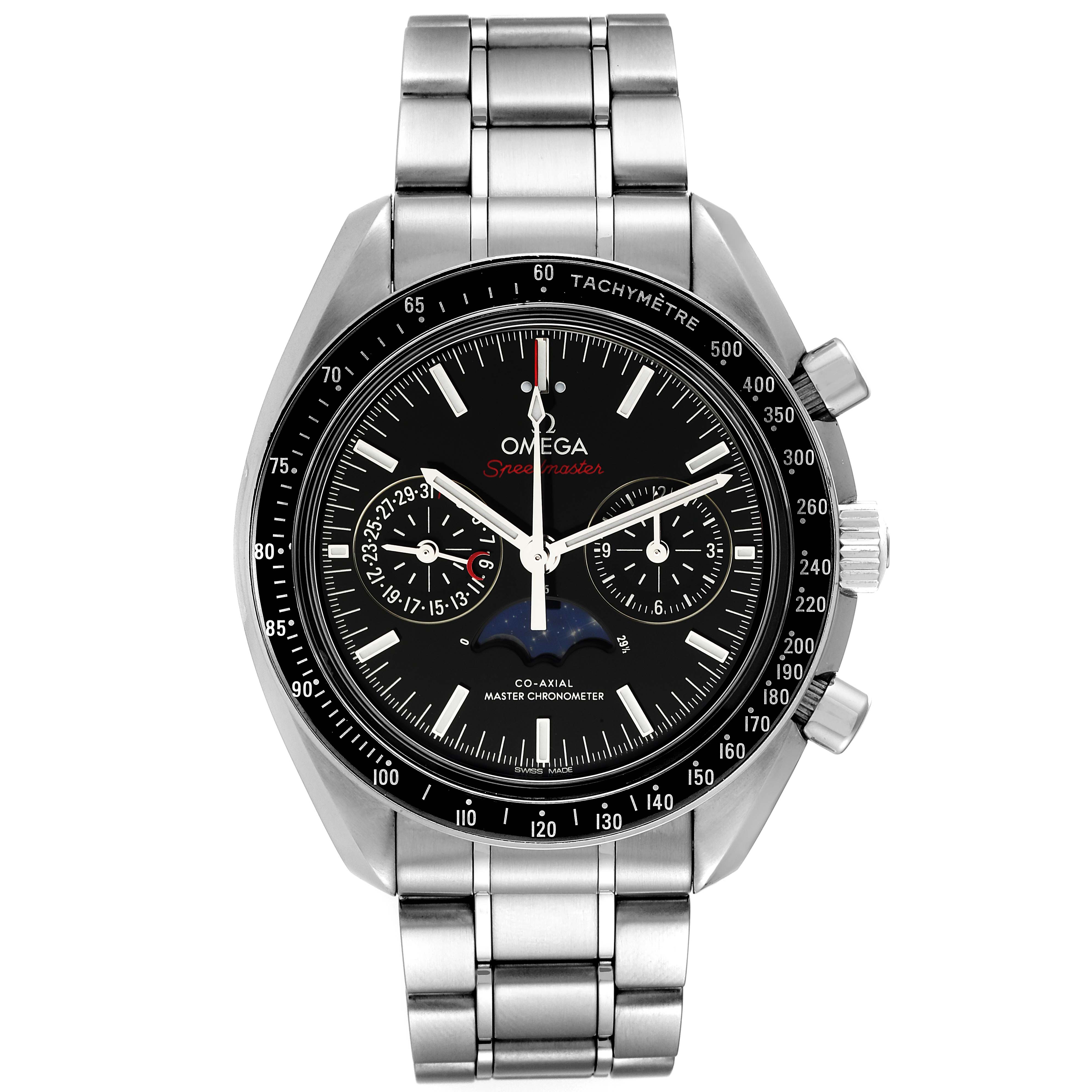 This image shows a front view of the Omega Speedmaster 304.30.44.52.01.001 Men's Stainless Steel Black Dial 304.30.44.52.01.001 Men's Stainless Steel Black Dial watch, displaying its face, stainless steel bracelet, and crown.