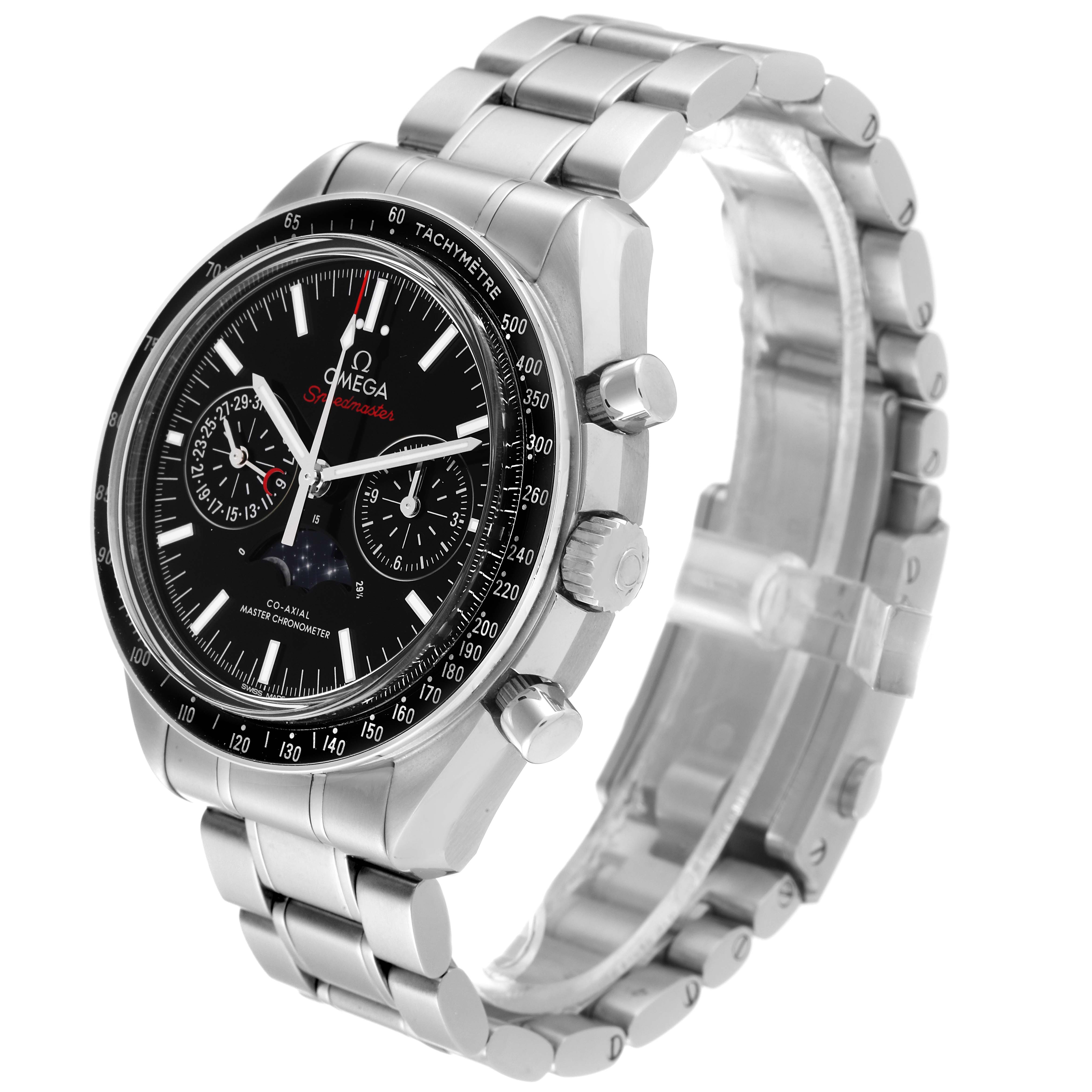 The Omega Speedmaster 304.30.44.52.01.001 Men's Stainless Steel Black Dial 304.30.44.52.01.001 Men's Stainless Steel Black Dial watch is shown at a three-quarter angle, highlighting its face, bezel, pushers, and metal bracelet.