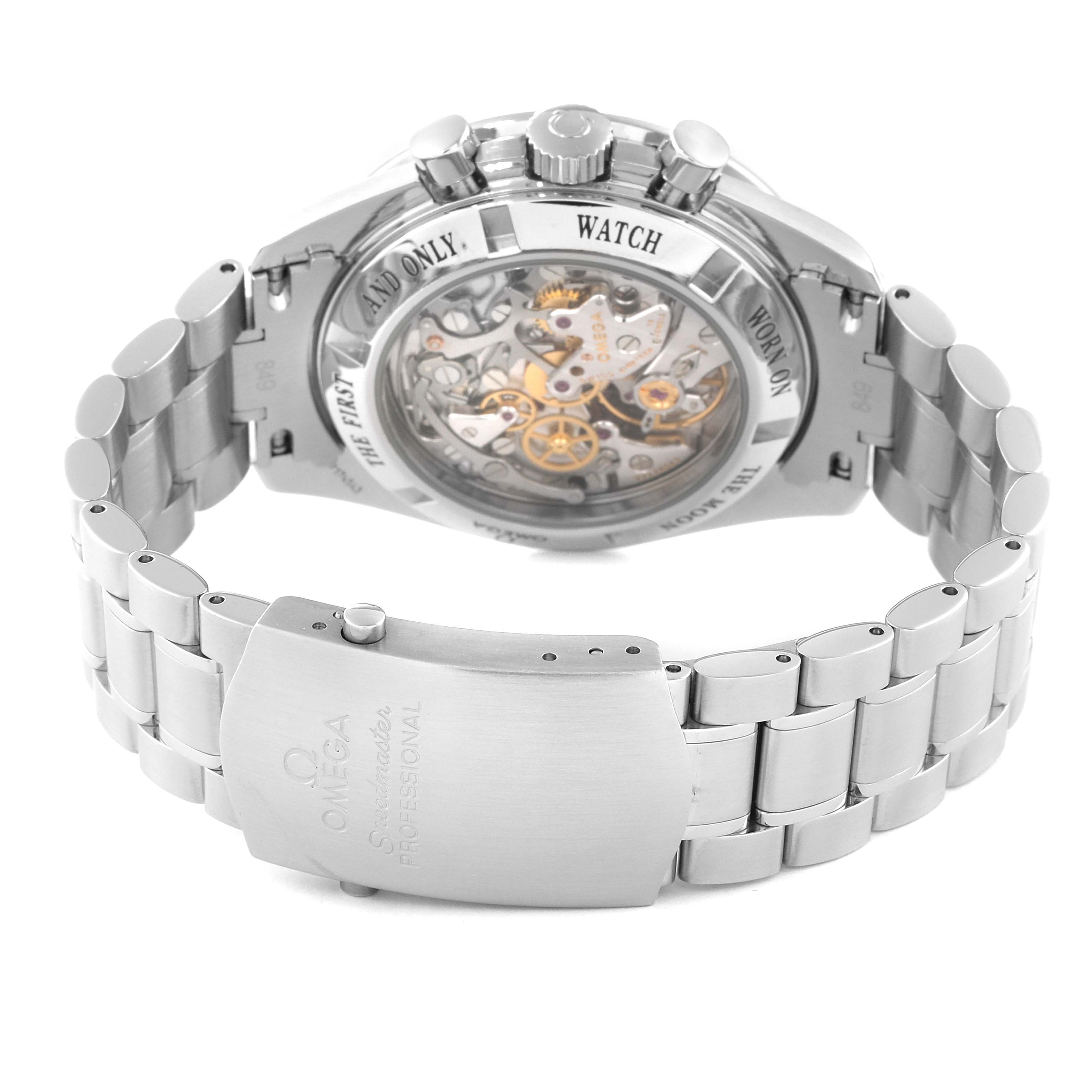 The image shows the back and partial bracelet of an Omega Speedmaster 3573.50.00 Men's Stainless Steel Black Dial 3573.50.00 Men's Stainless Steel Black Dial, highlighting the transparent case back and clasp.