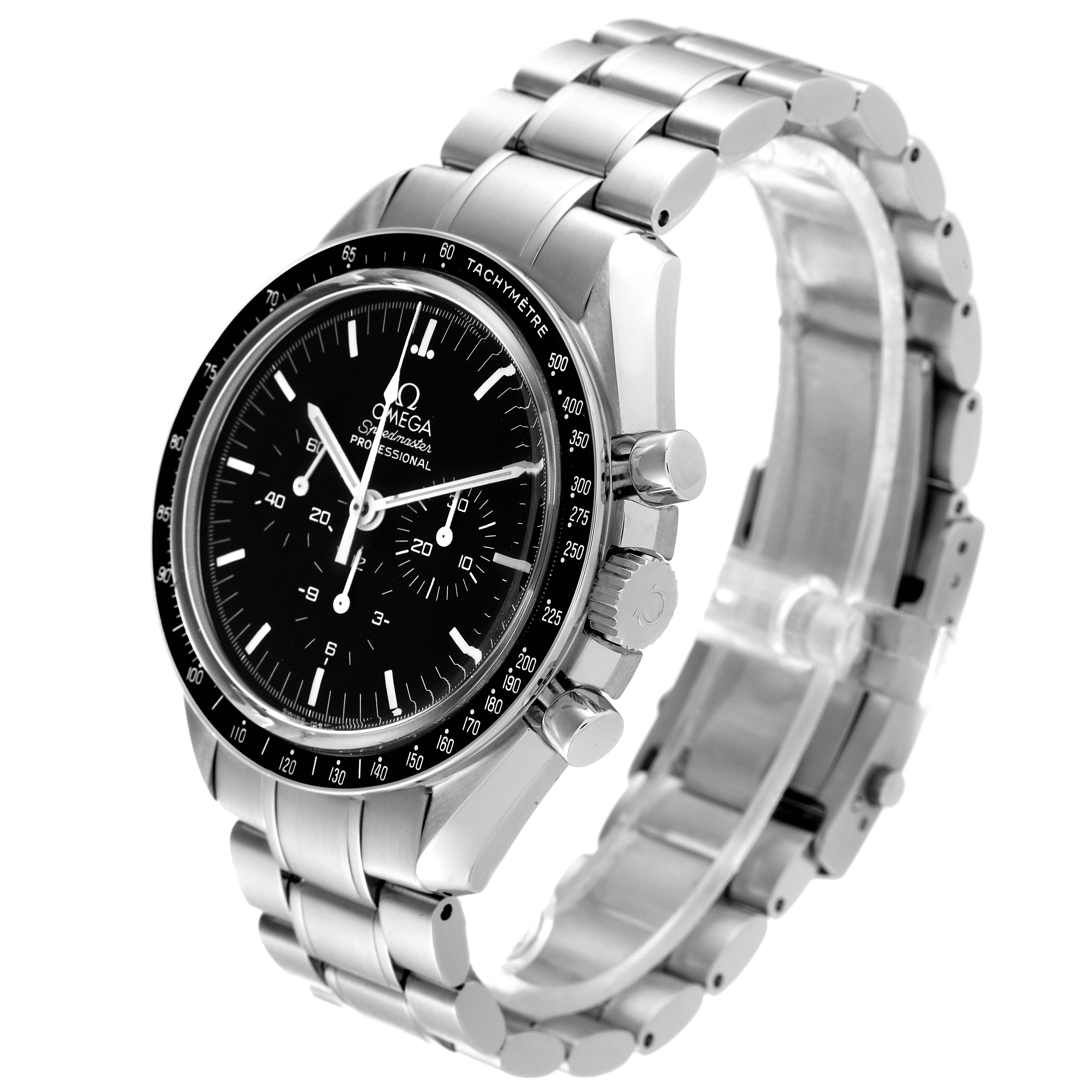 The Omega Speedmaster 3573.50.00 Men's Stainless Steel Black Dial 3573.50.00 Men's Stainless Steel Black Dial watch is shown at an angle, displaying the face, bezel, crown, pushers, and stainless steel bracelet.