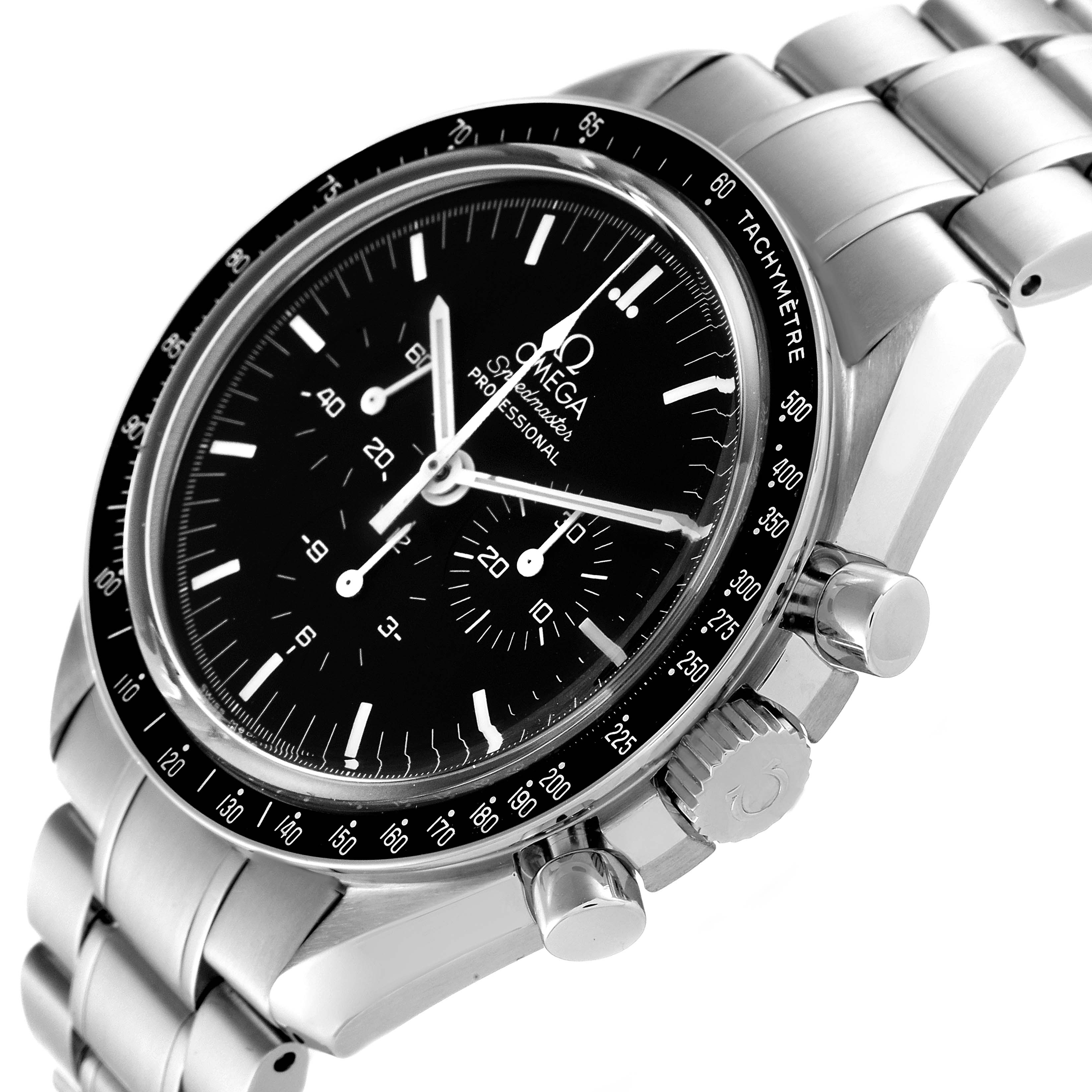 The image shows the dial, bezel, and part of the bracelet of an Omega Speedmaster 3573.50.00 Men's Stainless Steel Black Dial 3573.50.00 Men's Stainless Steel Black Dial watch from an angled side view.