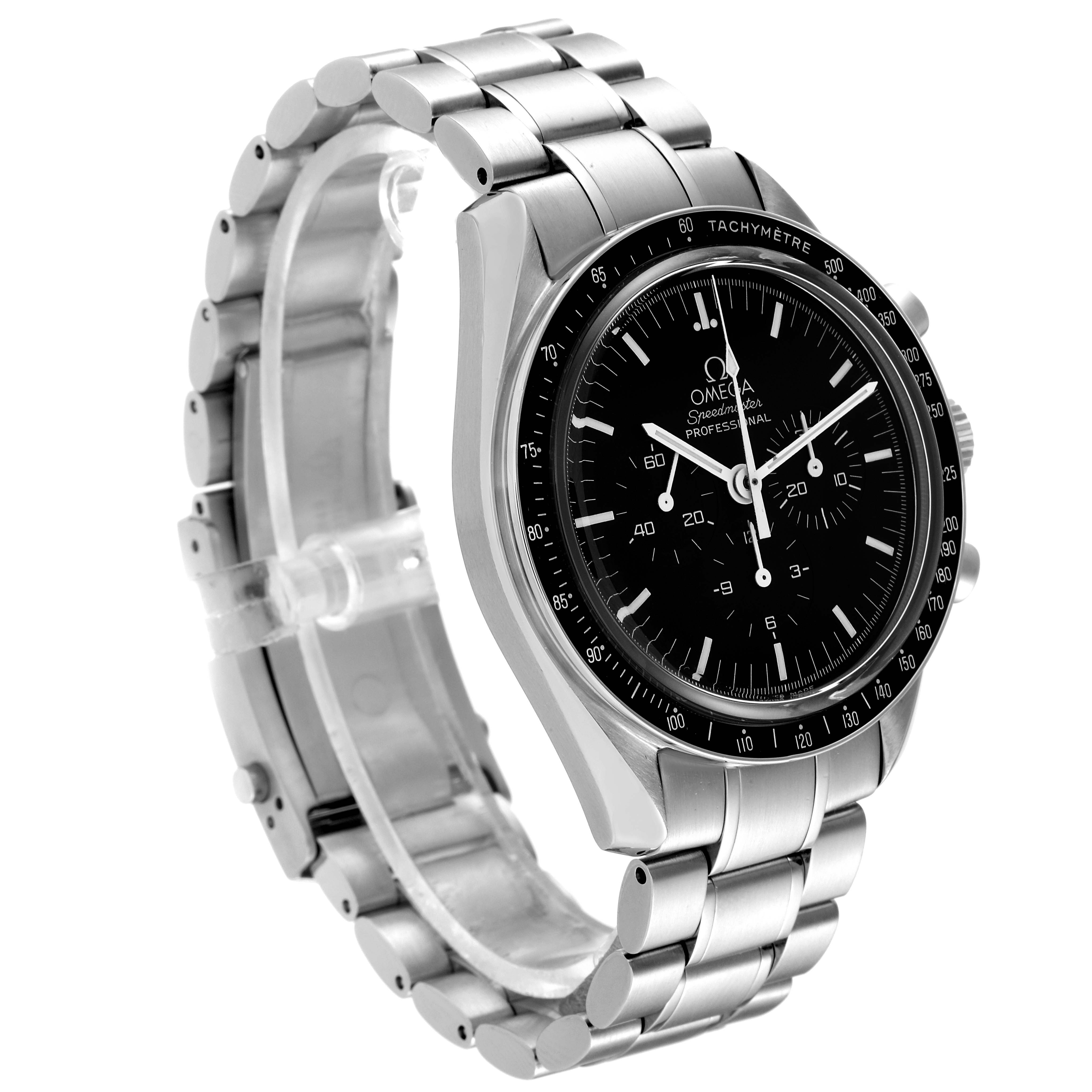 The Omega Speedmaster 3573.50.00 Men's Stainless Steel Black Dial 3573.50.00 Men's Stainless Steel Black Dial watch is shown at a slight left-side angle, displaying its black dial, tachymeter bezel, and bracelet.